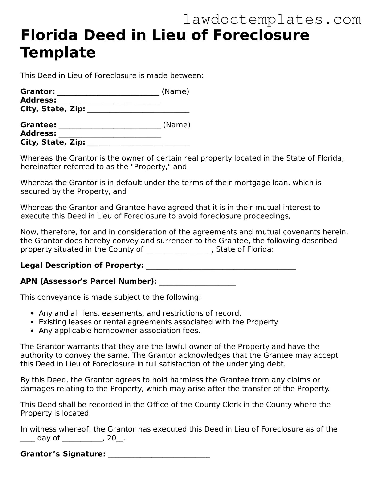 Deed in Lieu of Foreclosure Document for Florida State