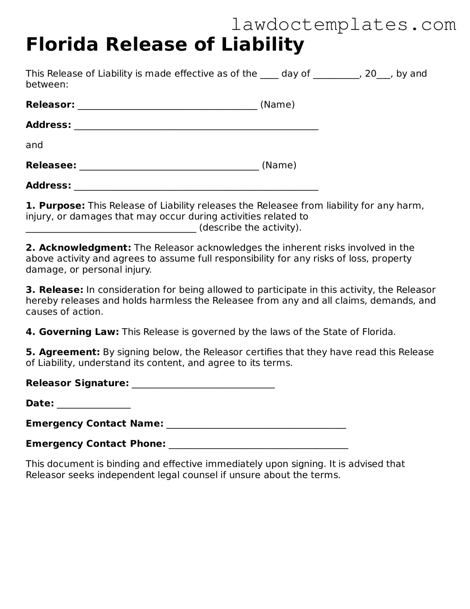 Release of Liability Document for Florida State