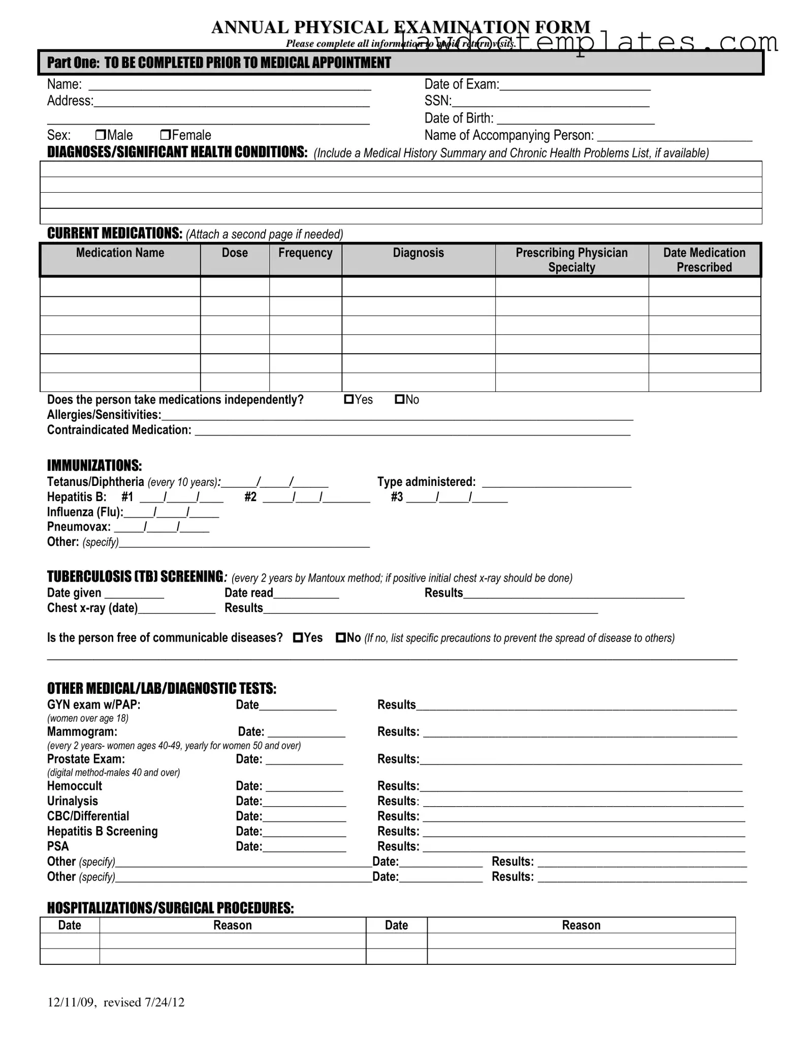 Fill Your Annual Physical Examination Form