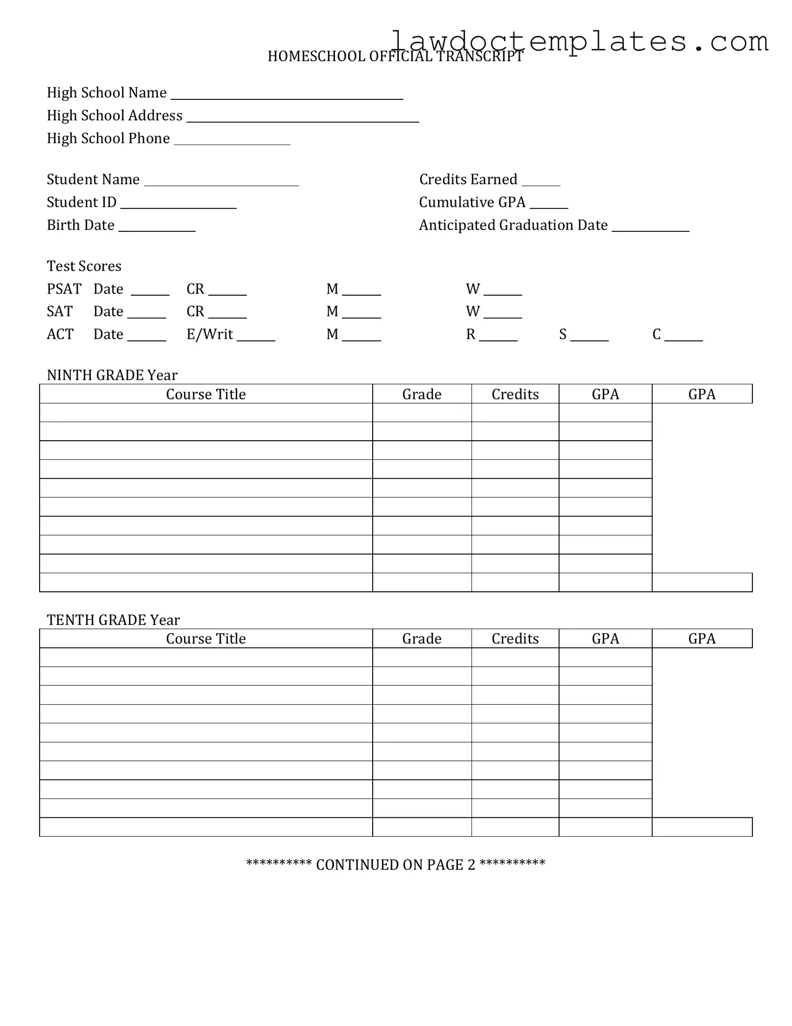 Fill Your High School Transcript Form