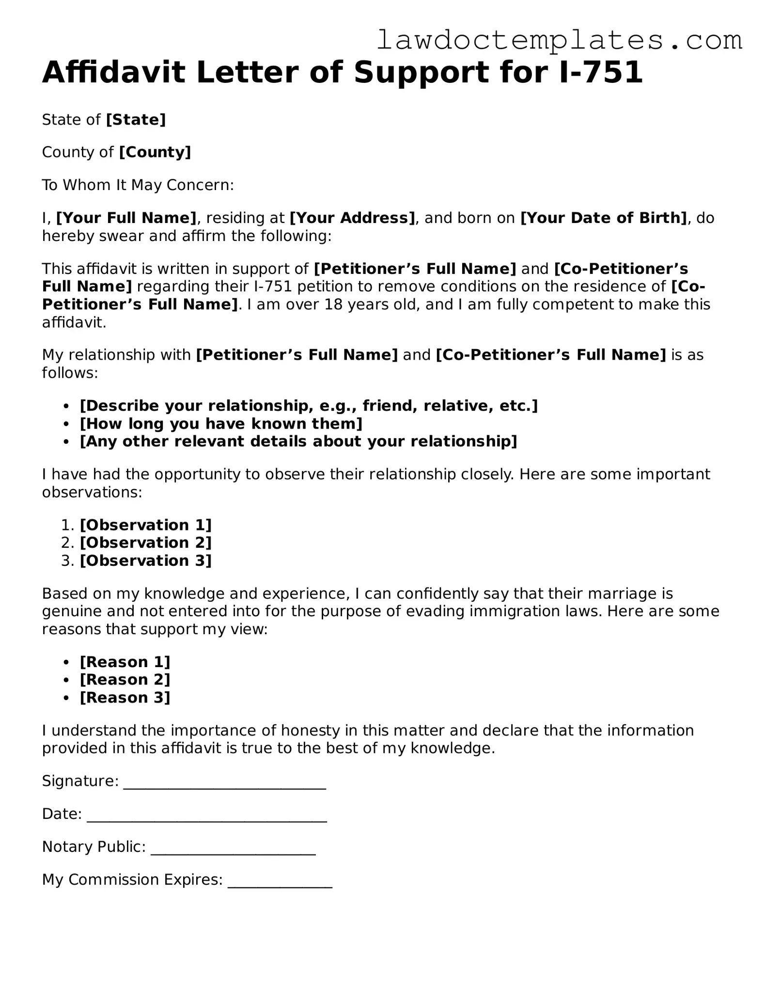 Blank Affidavit Letter of Support for I-751 Document