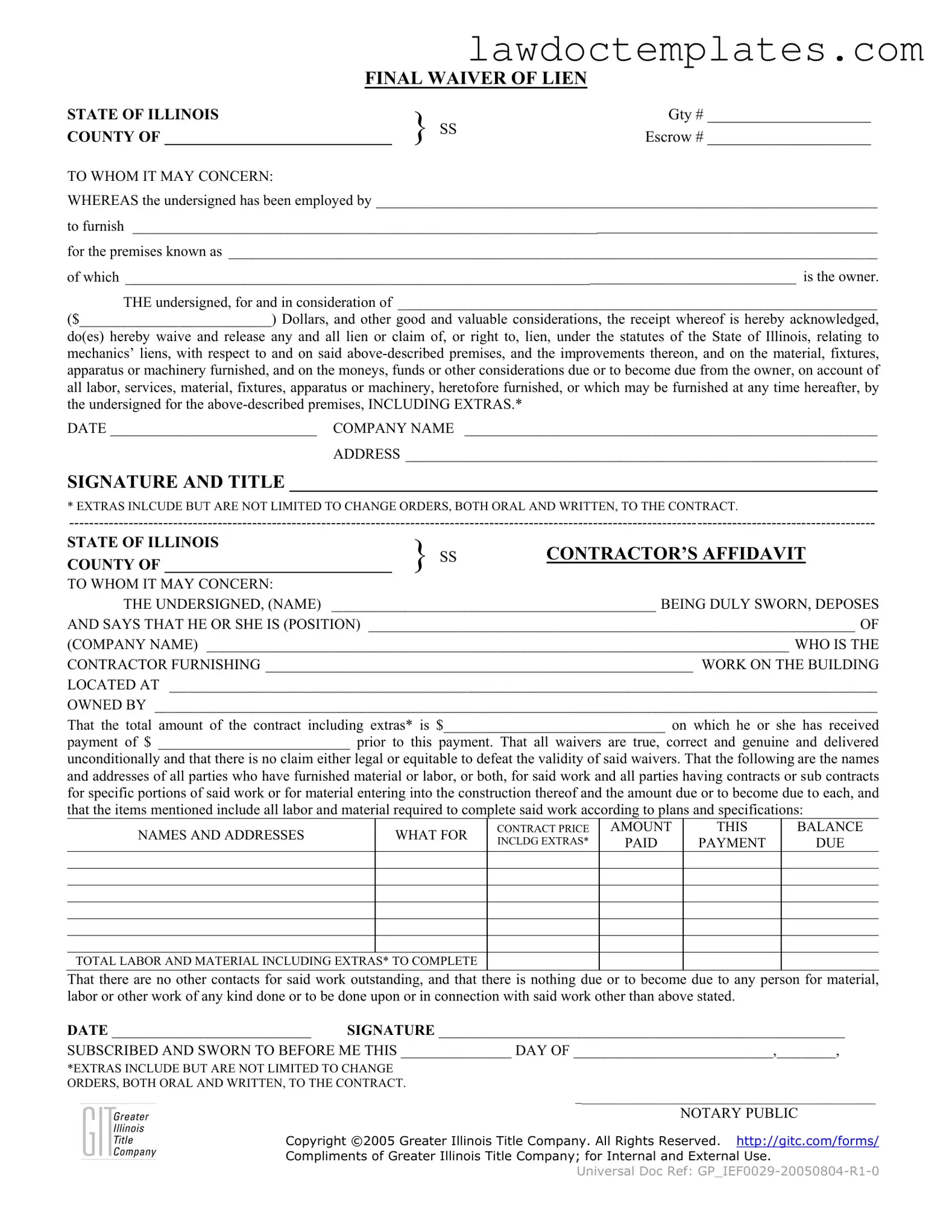 Fill Your Illinois Final Waiver Of Lien Form