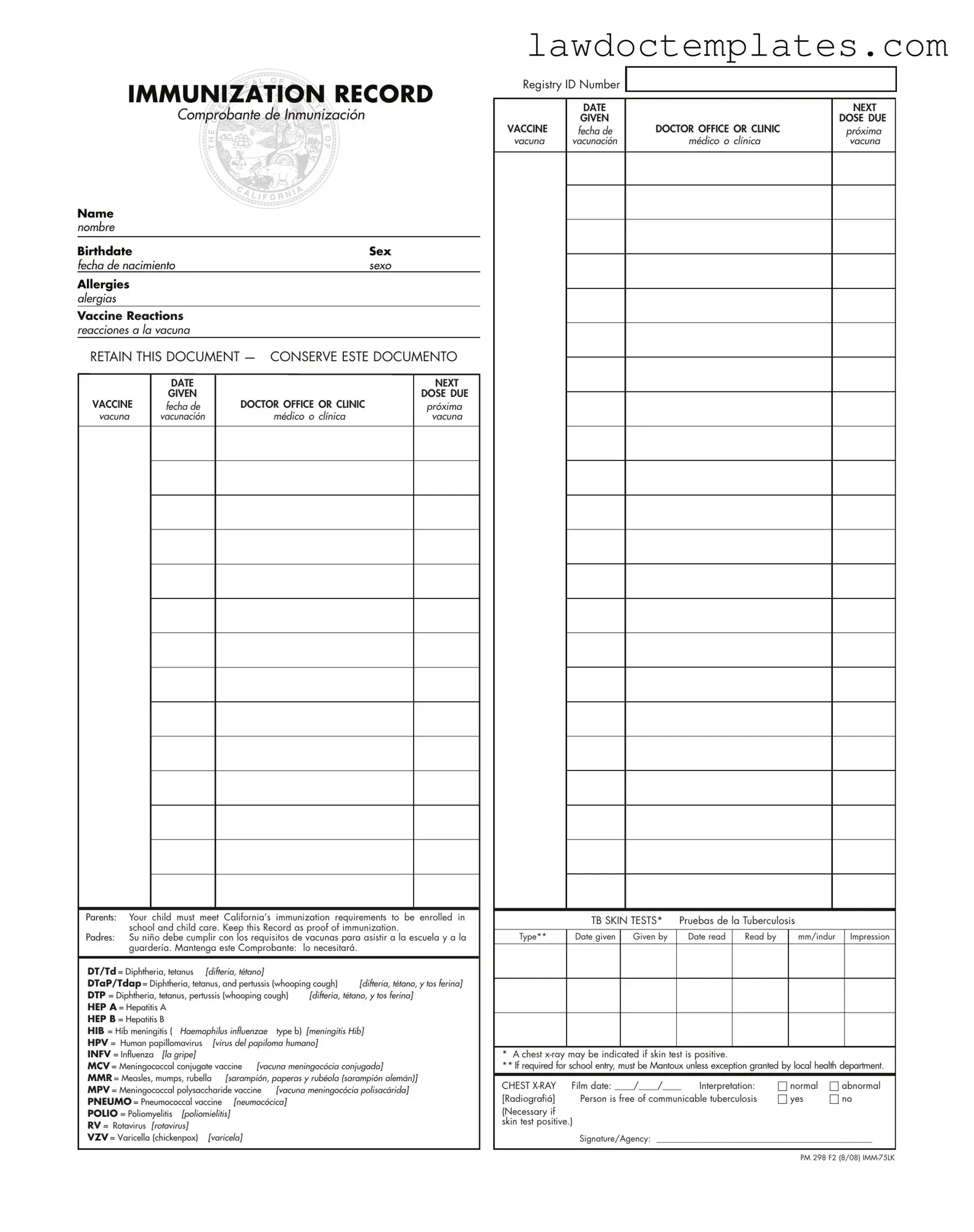 Fill Your Immunization Record Form