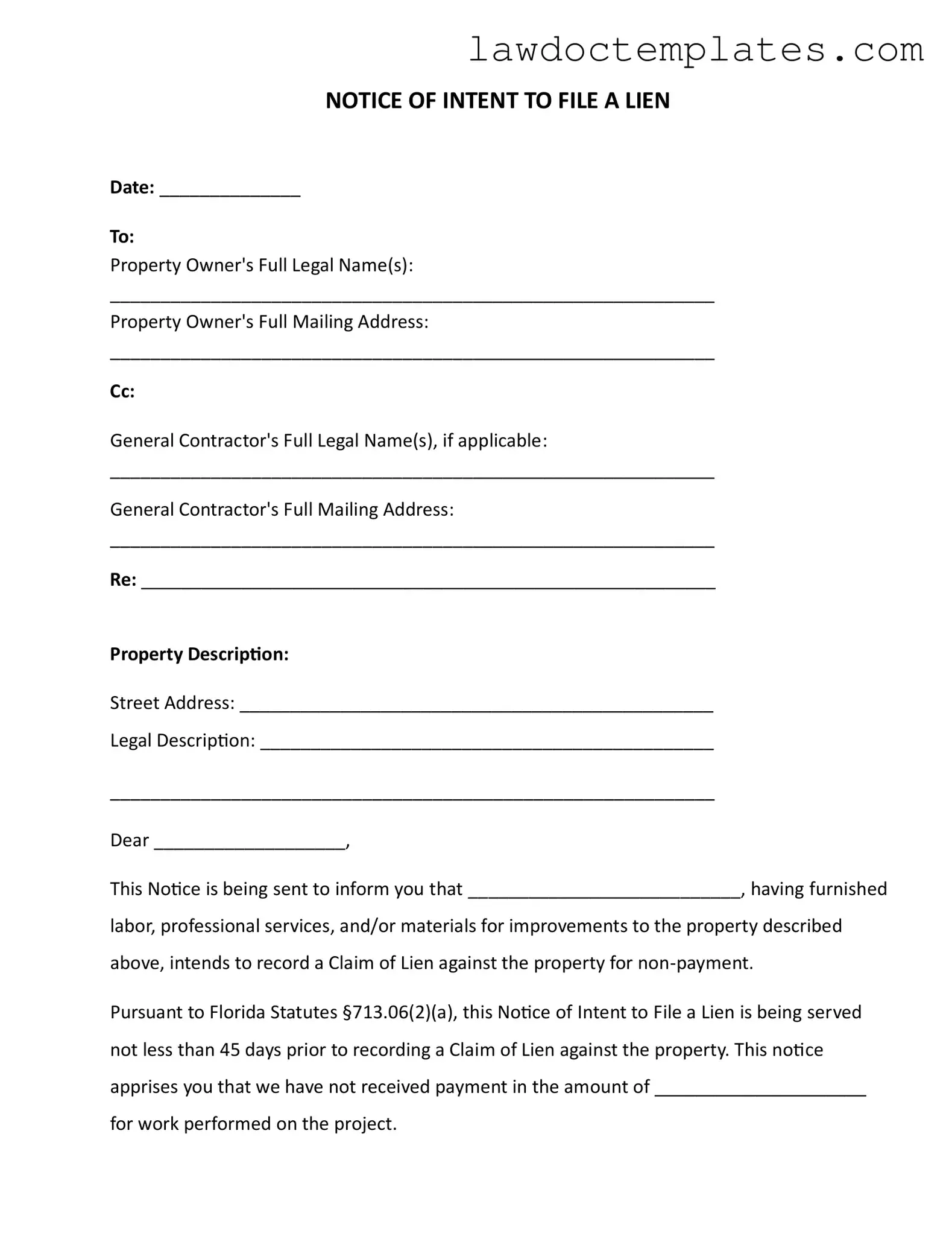 Fill Your Intent To Lien Florida Form