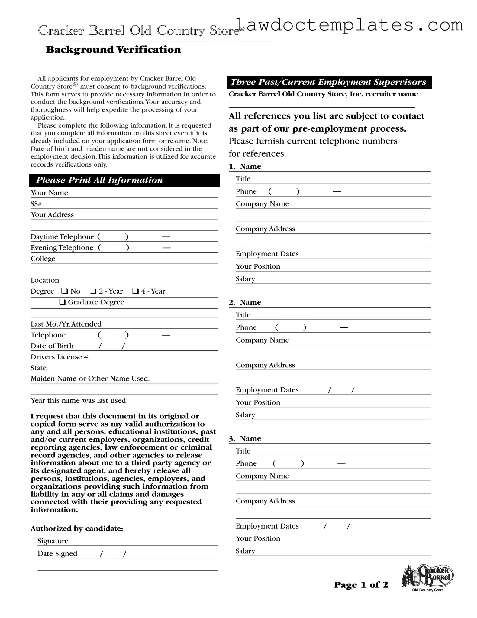 Fill Your Cracker Barrel Background Check Form