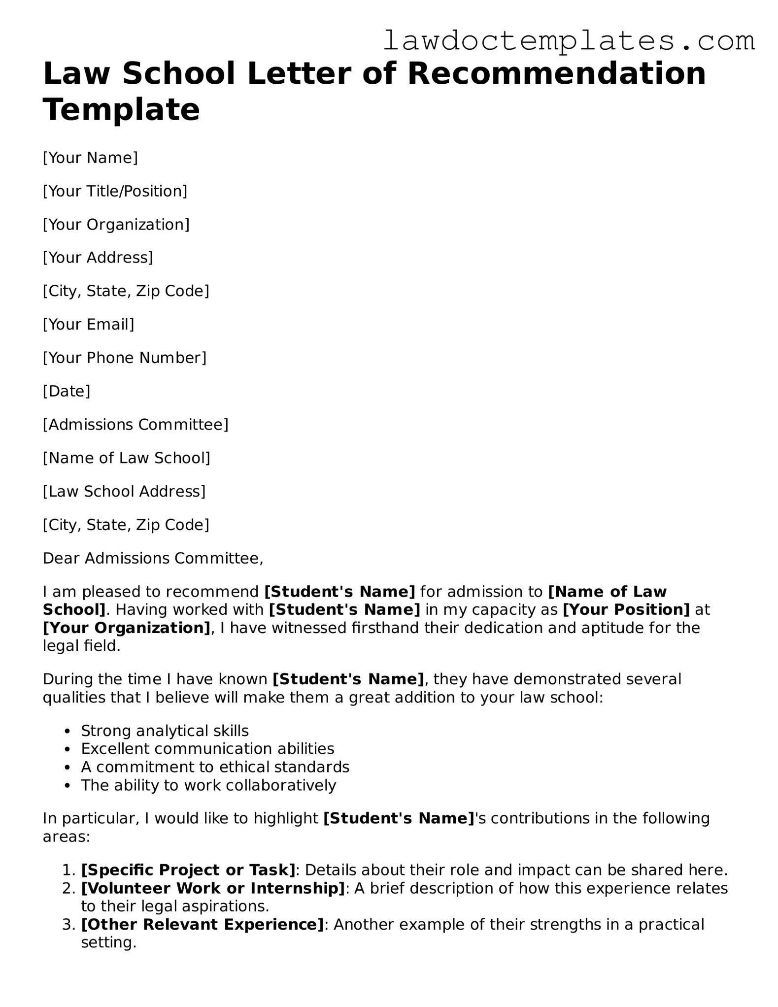 Blank Law School Letter of Recommendation Document
