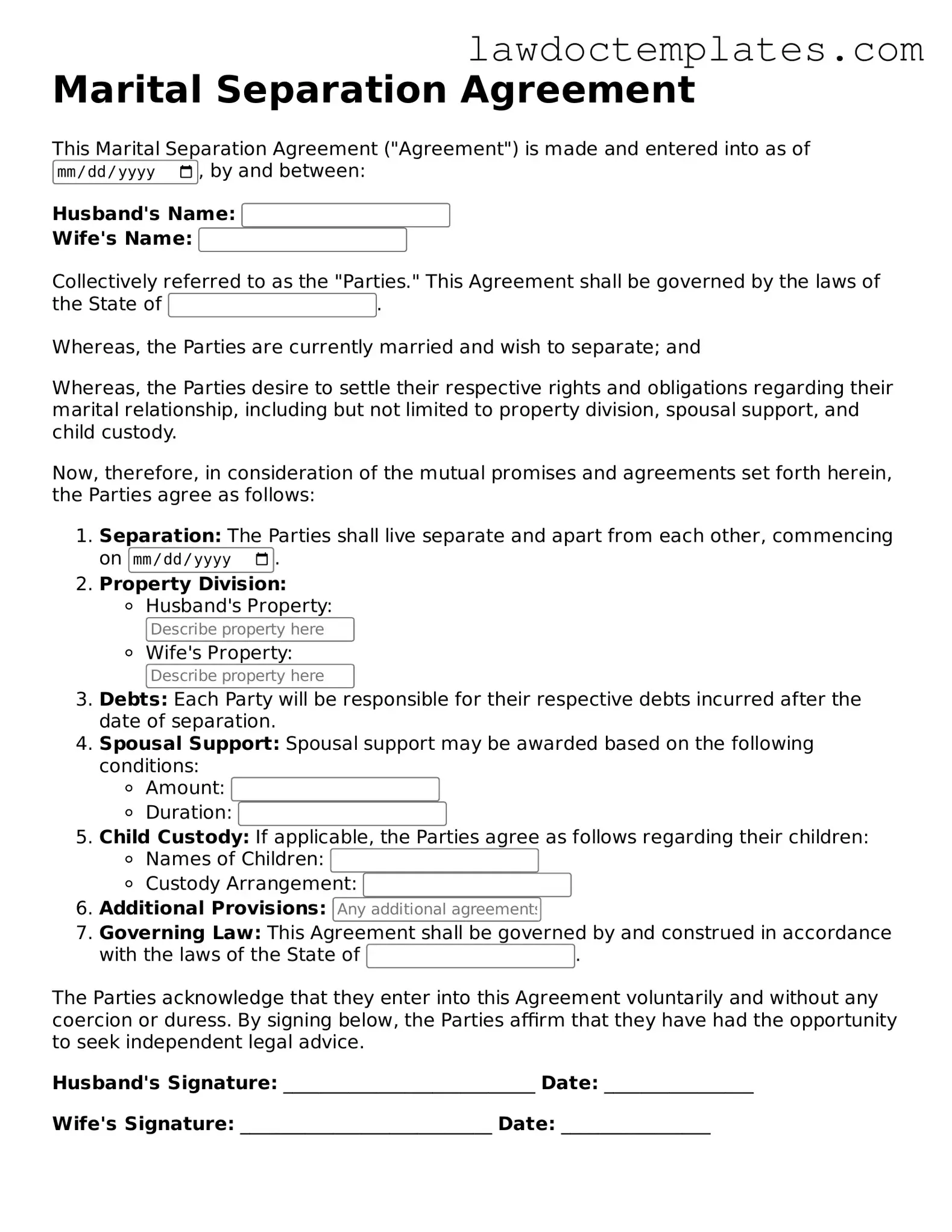 Blank Marital Separation Agreement Document