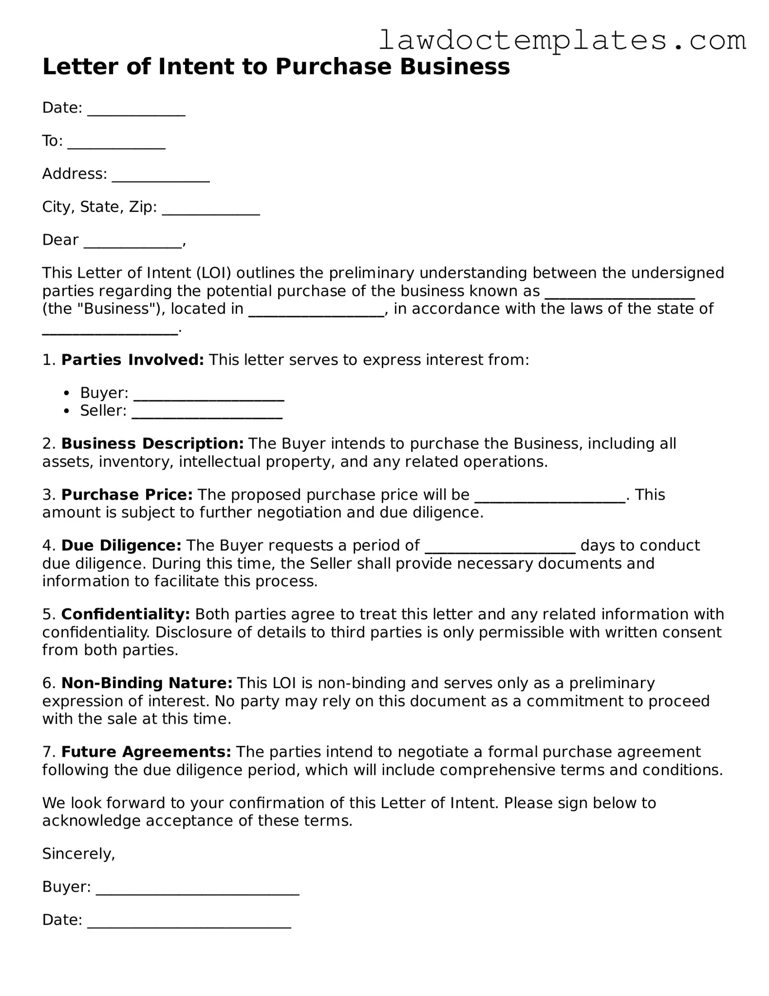 Blank Letter of Intent to Purchase Business Document