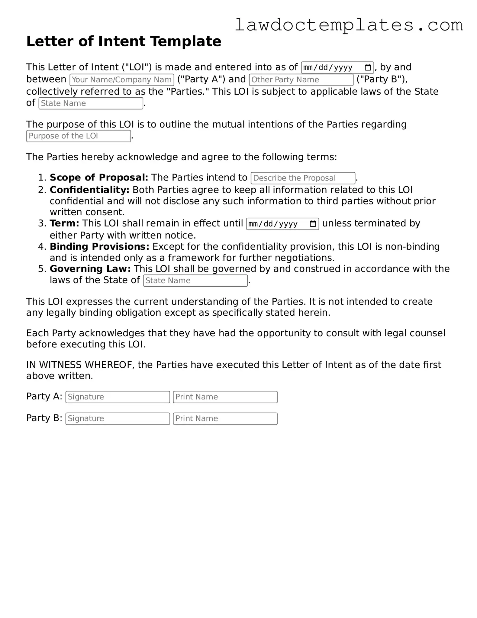 Blank Letter of Intent Document