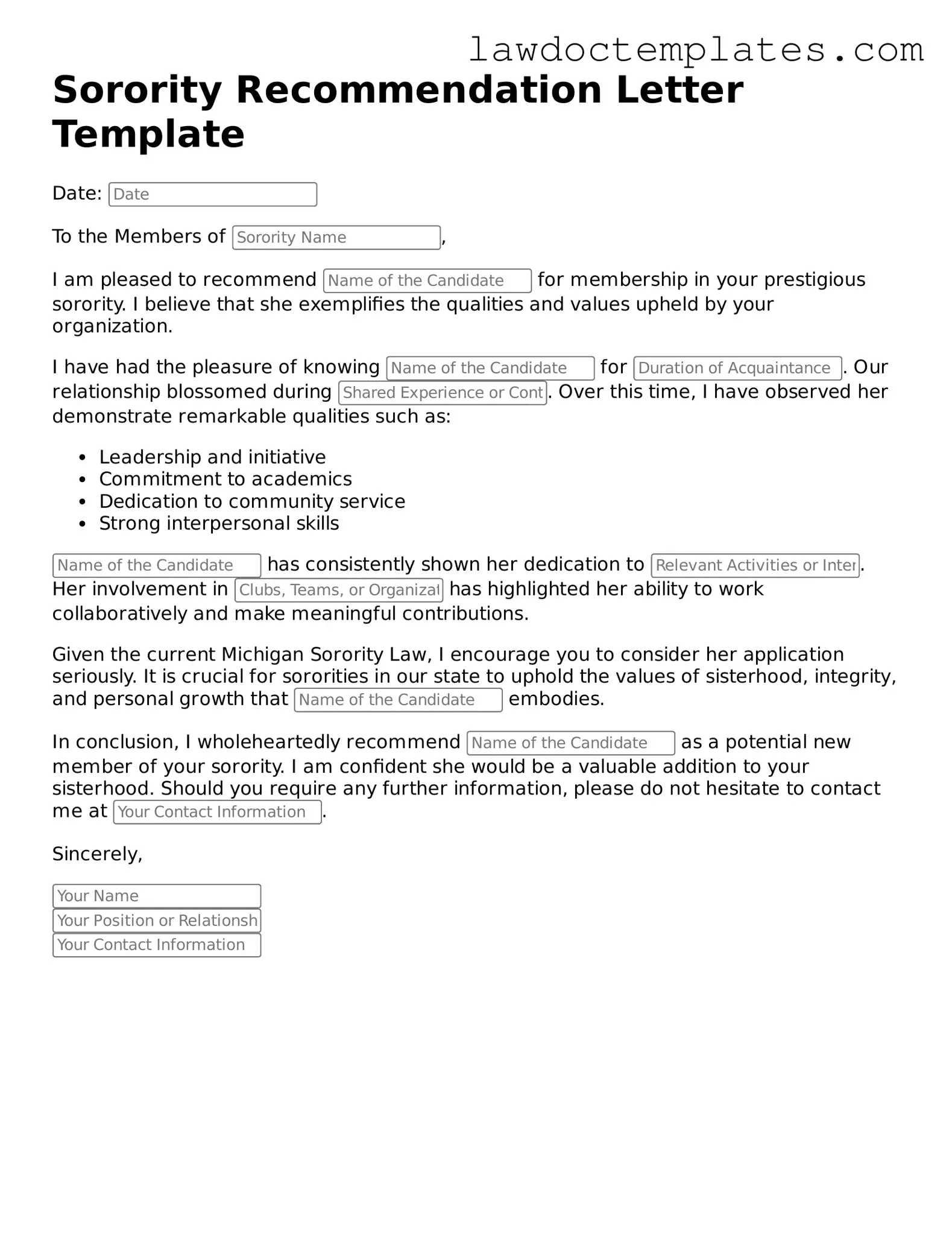 Blank Sorority Recommendation Letter Document