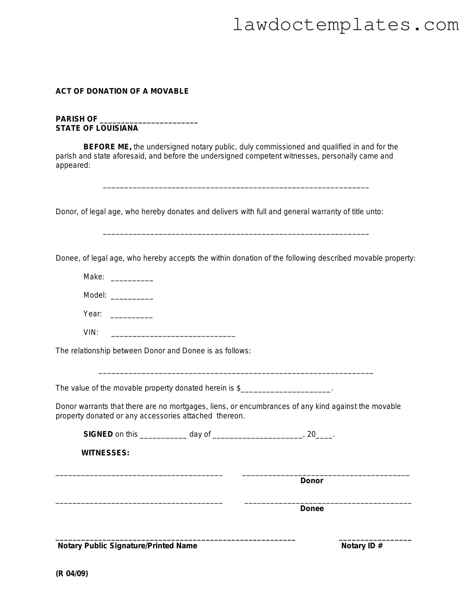 Fill Your Louisiana act of donation Form