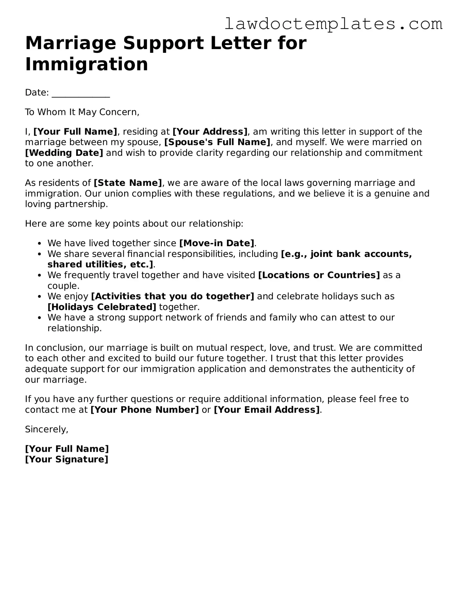 Blank Marriage Support Letter for Immigration Document