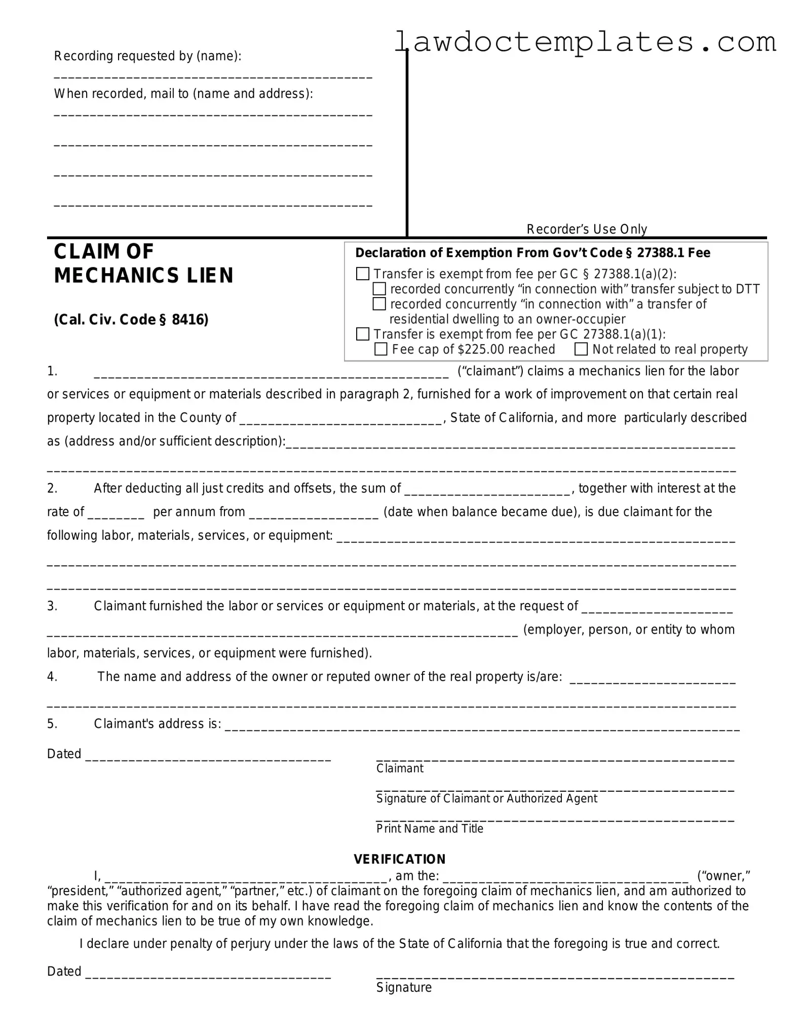 Fill Your Mechanics Lien California Form