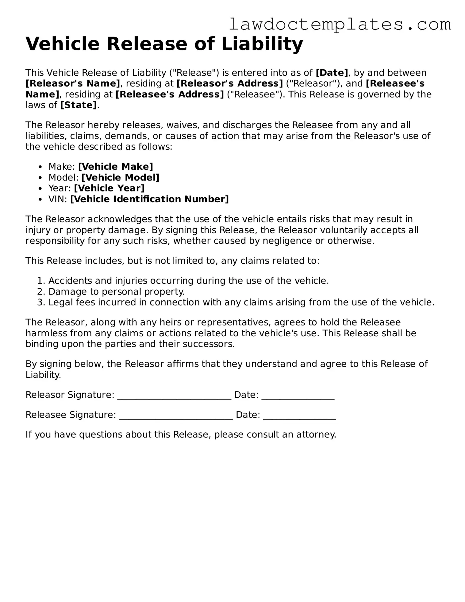 Blank Vehicle Release of Liability Document