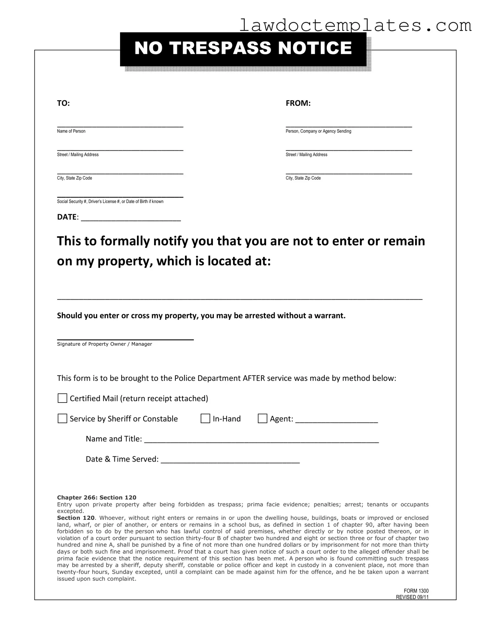 Fill Your No Trespassing Letter Form