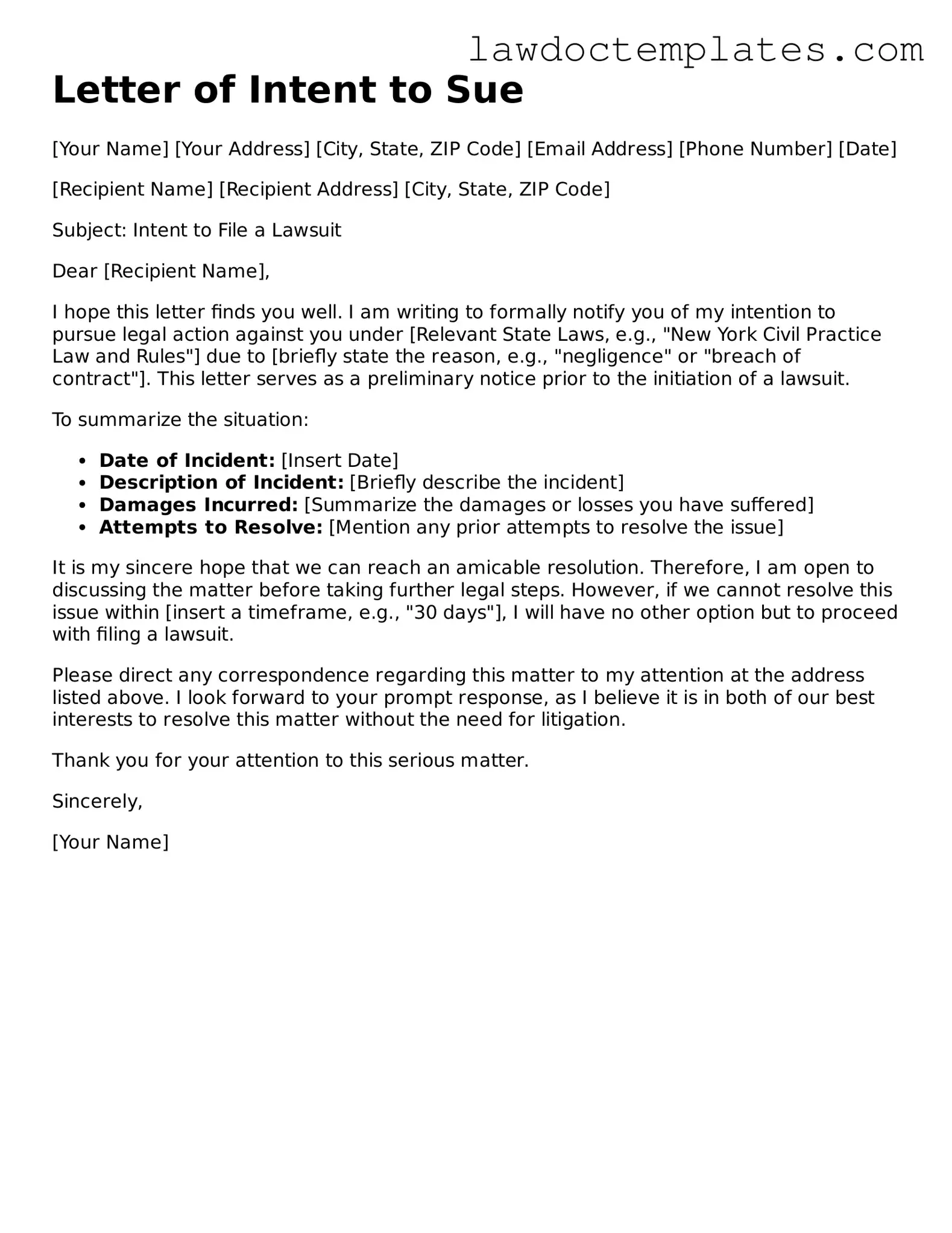Blank Letter of Intent to Sue Document