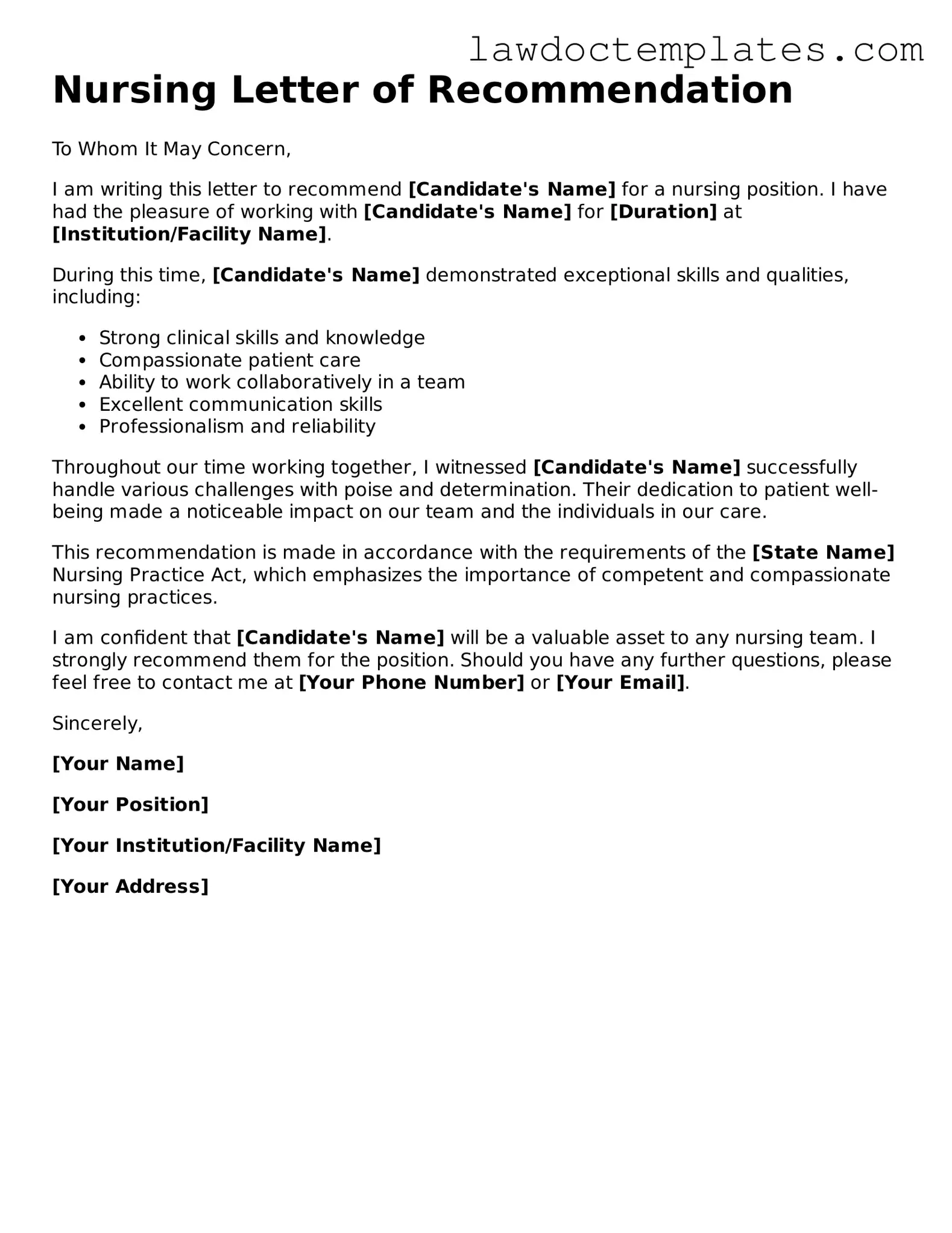 Blank Nursing Letter of Recommendation Document