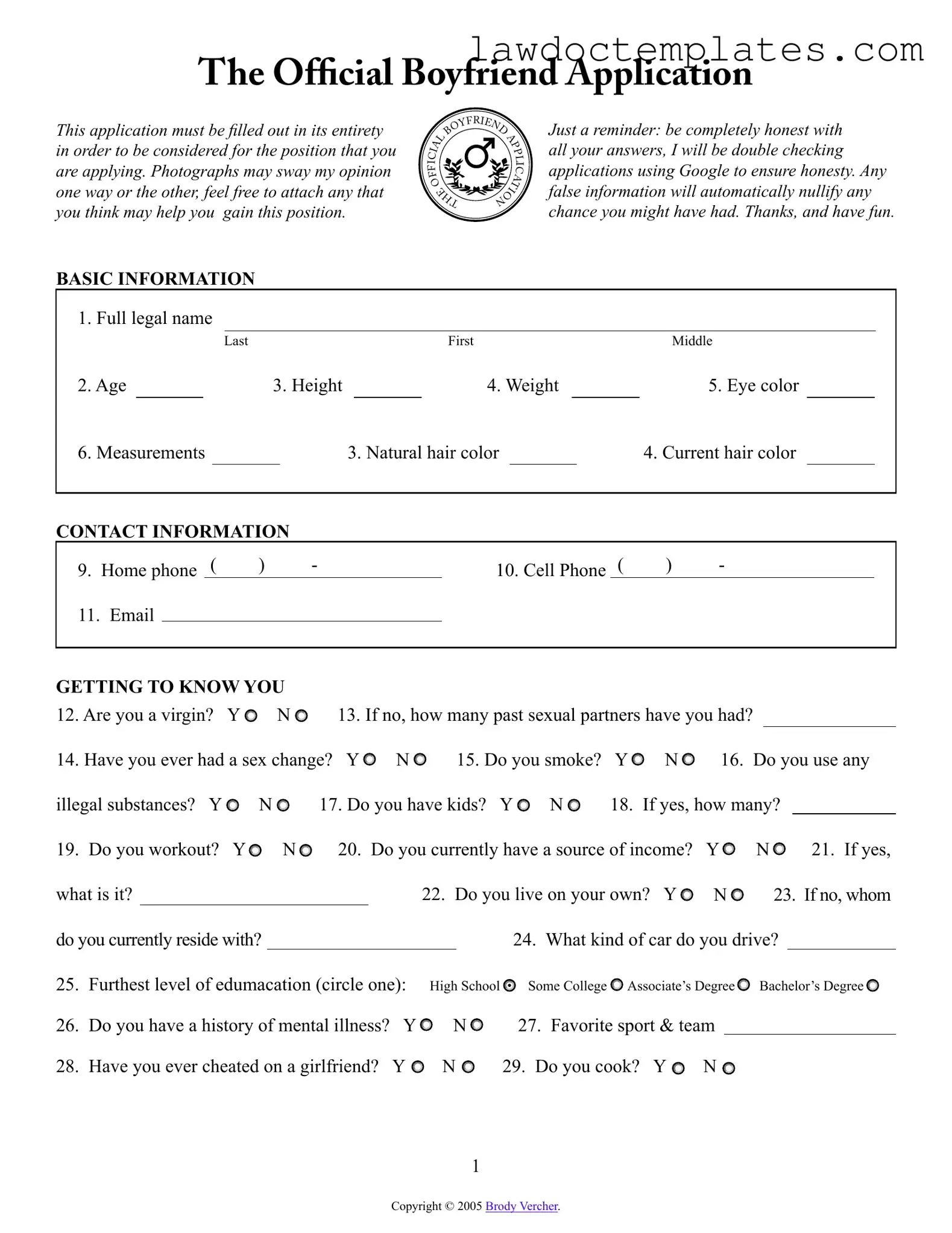Fill Your Boyfriend application form Form