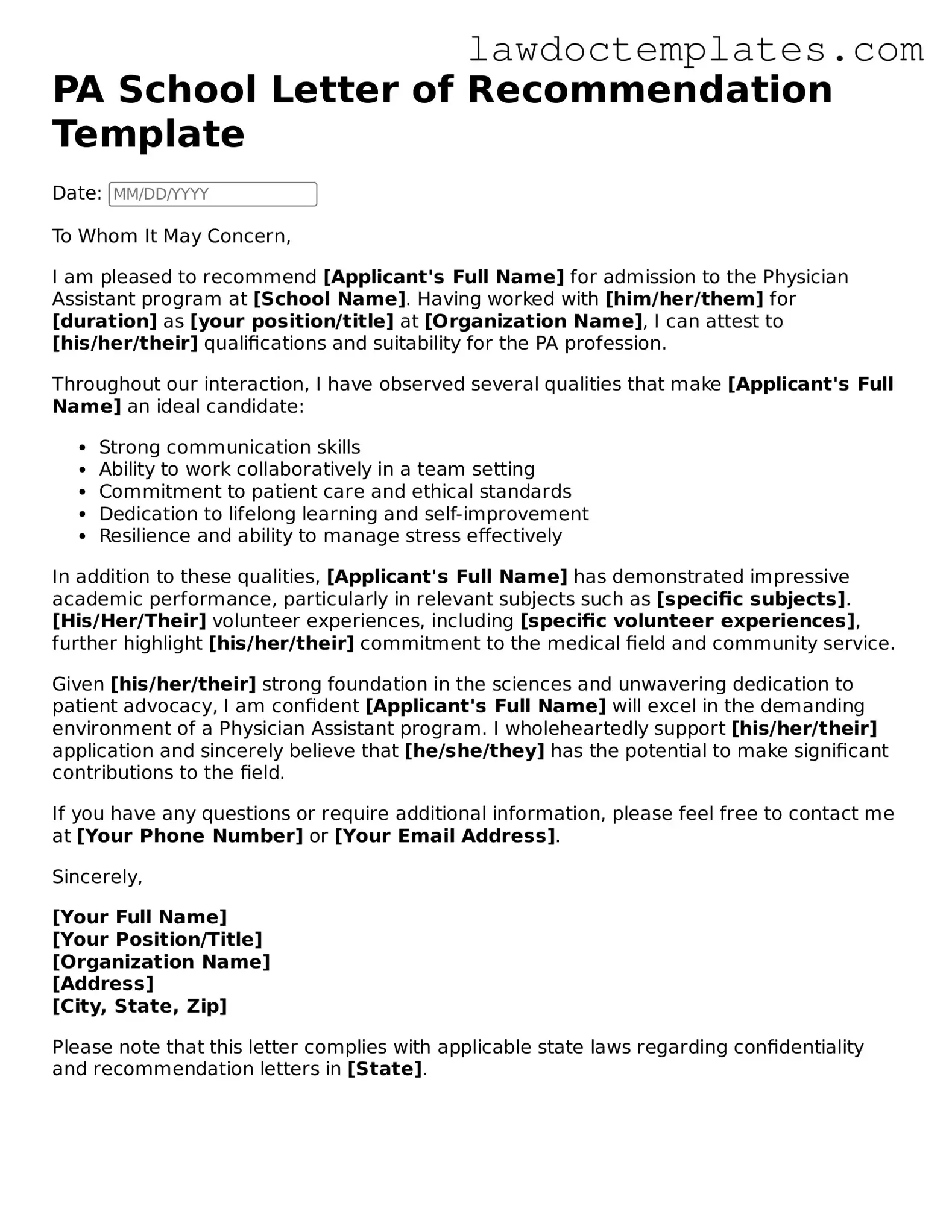 Blank PA School Letter of Recommendation Document