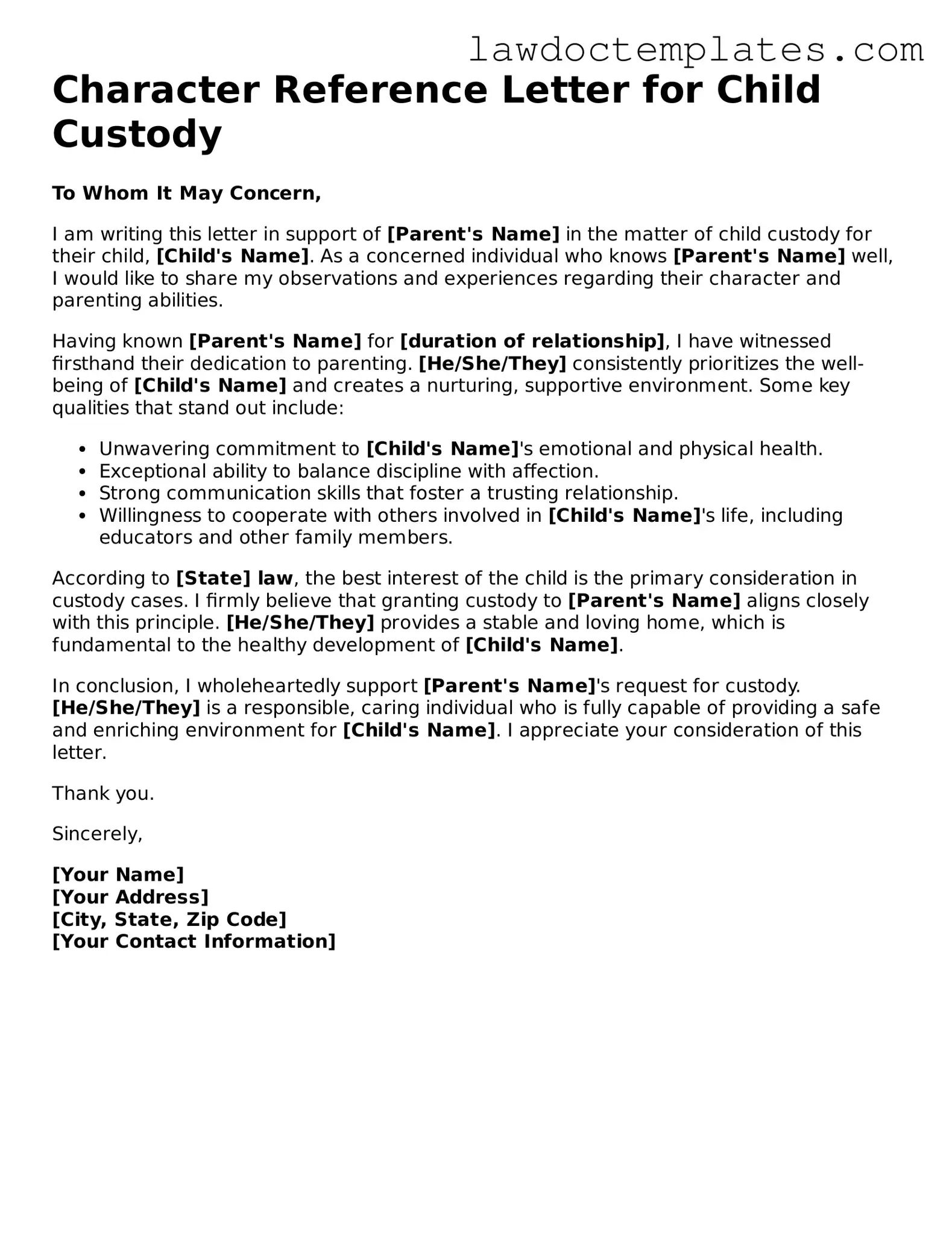 Blank Character Reference Letter for Child Custody Document