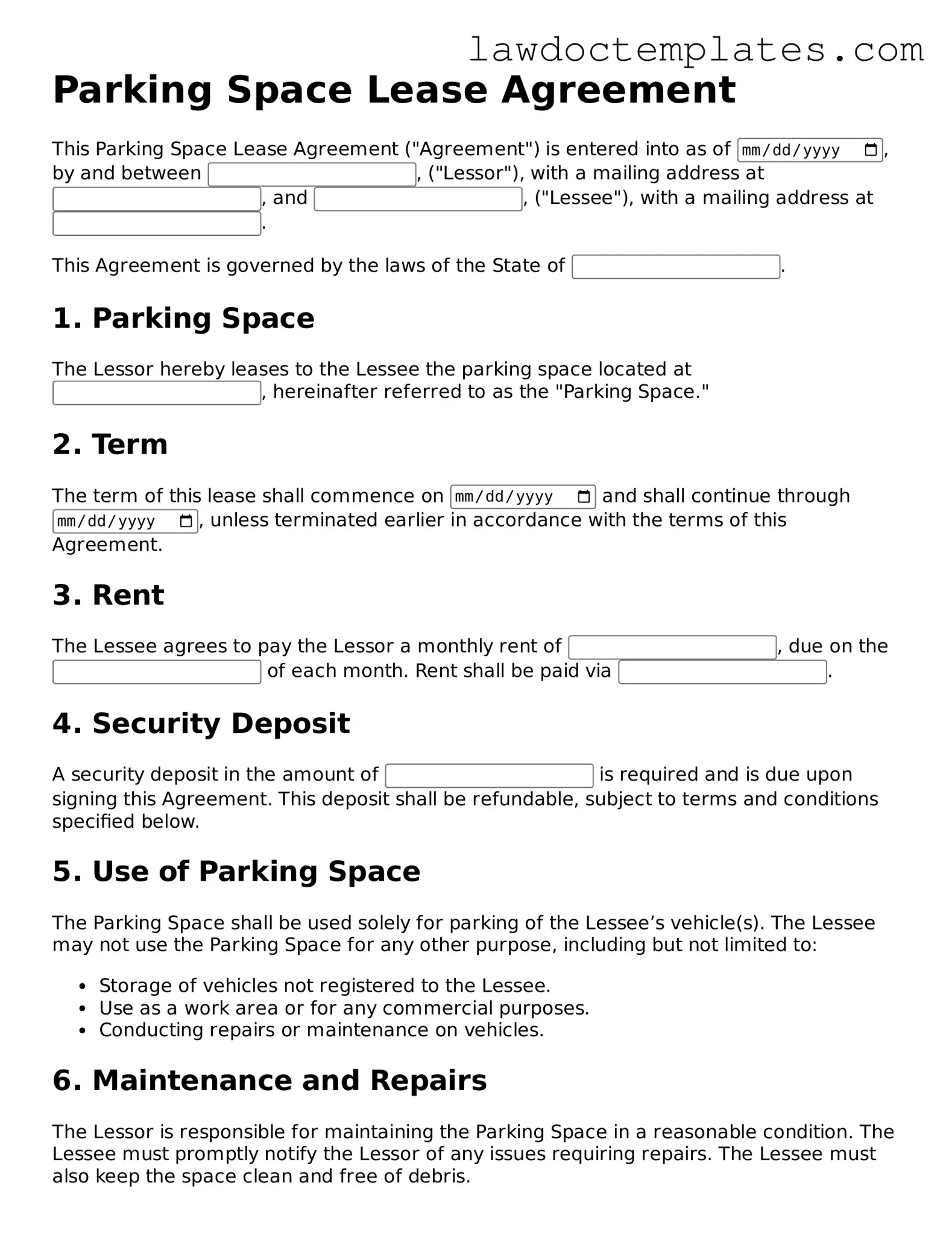 Blank Parking Space Lease Agreement Document