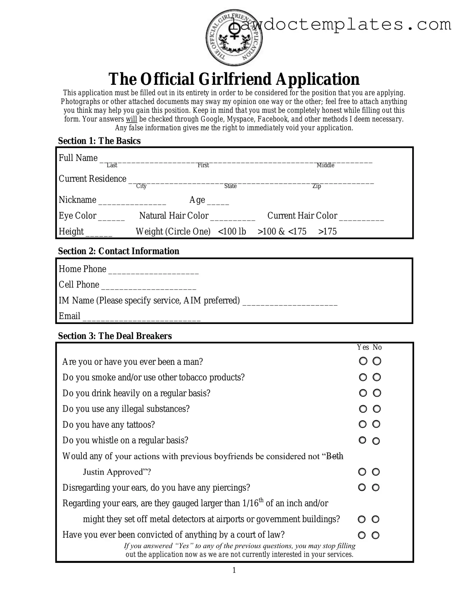 Fill Your Girlfriend Application Form