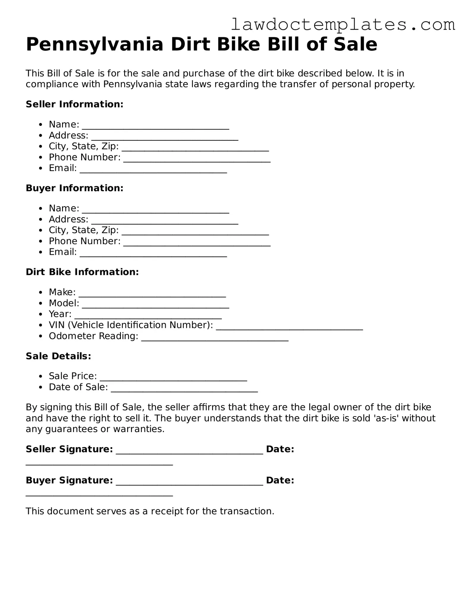 Dirt Bike Bill of Sale Document for Pennsylvania State