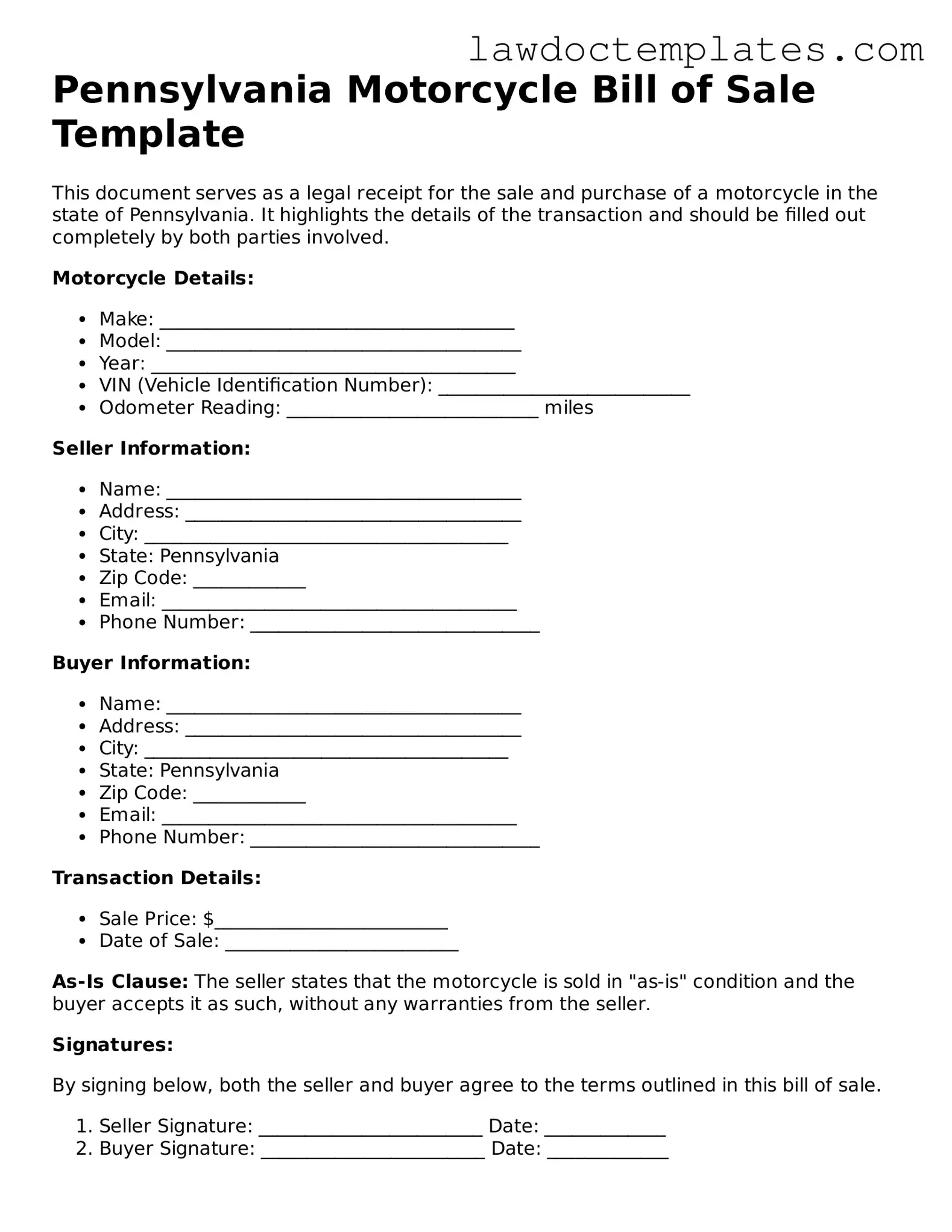Motorcycle Bill of Sale Document for Pennsylvania State
