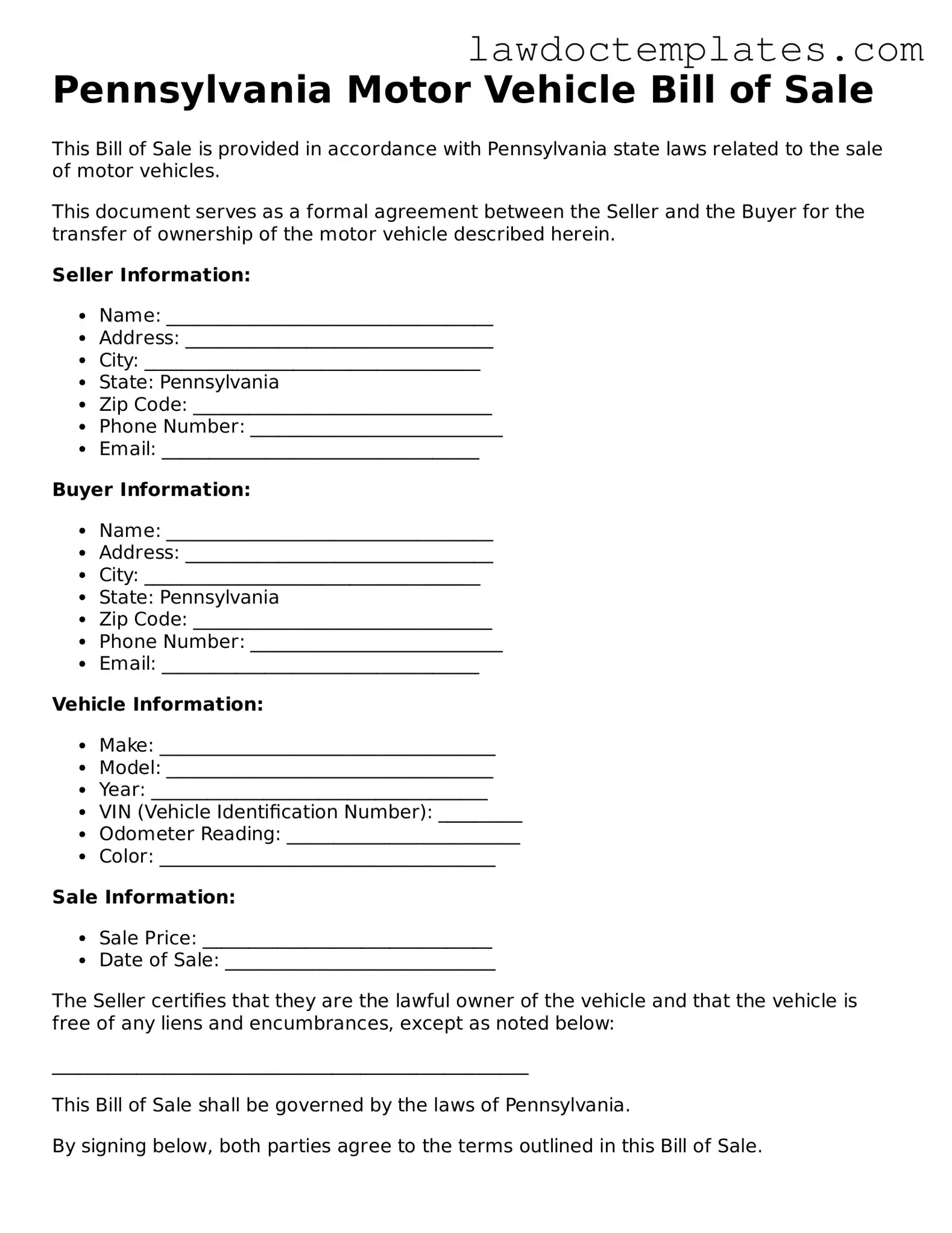 Motor Vehicle Bill of Sale Document for Pennsylvania State
