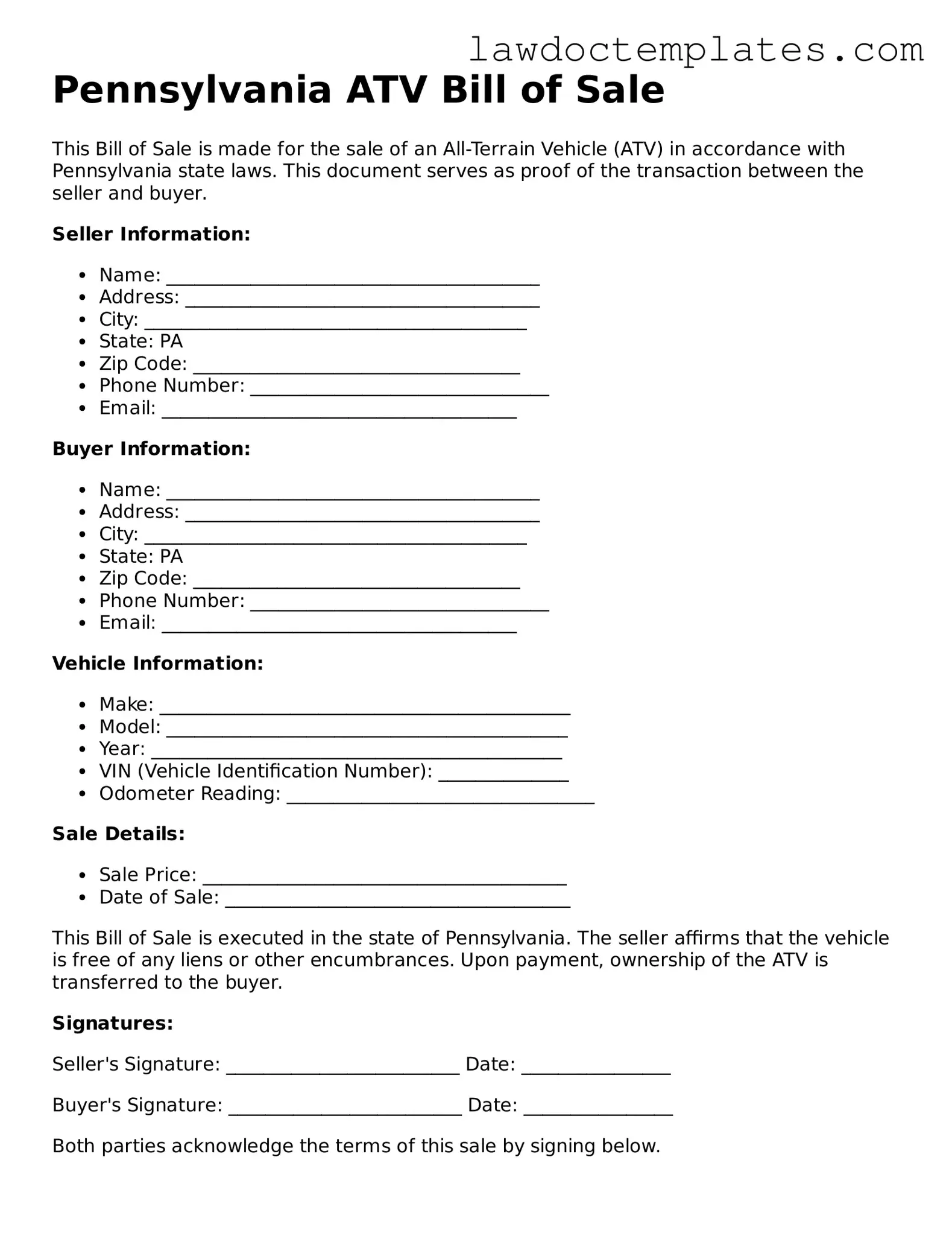 ATV Bill of Sale Document for Pennsylvania State