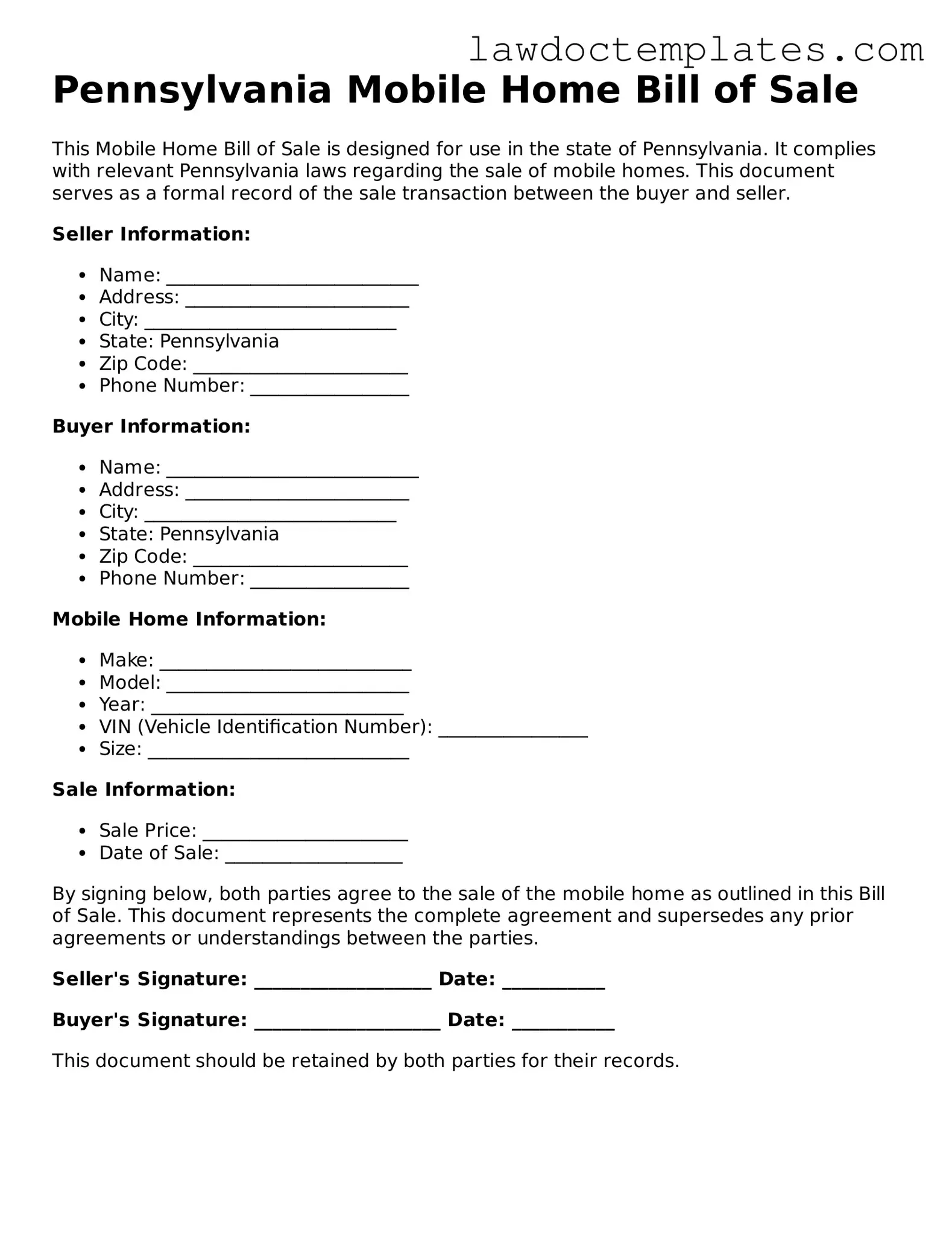 Mobile Home Bill of Sale Document for Pennsylvania State