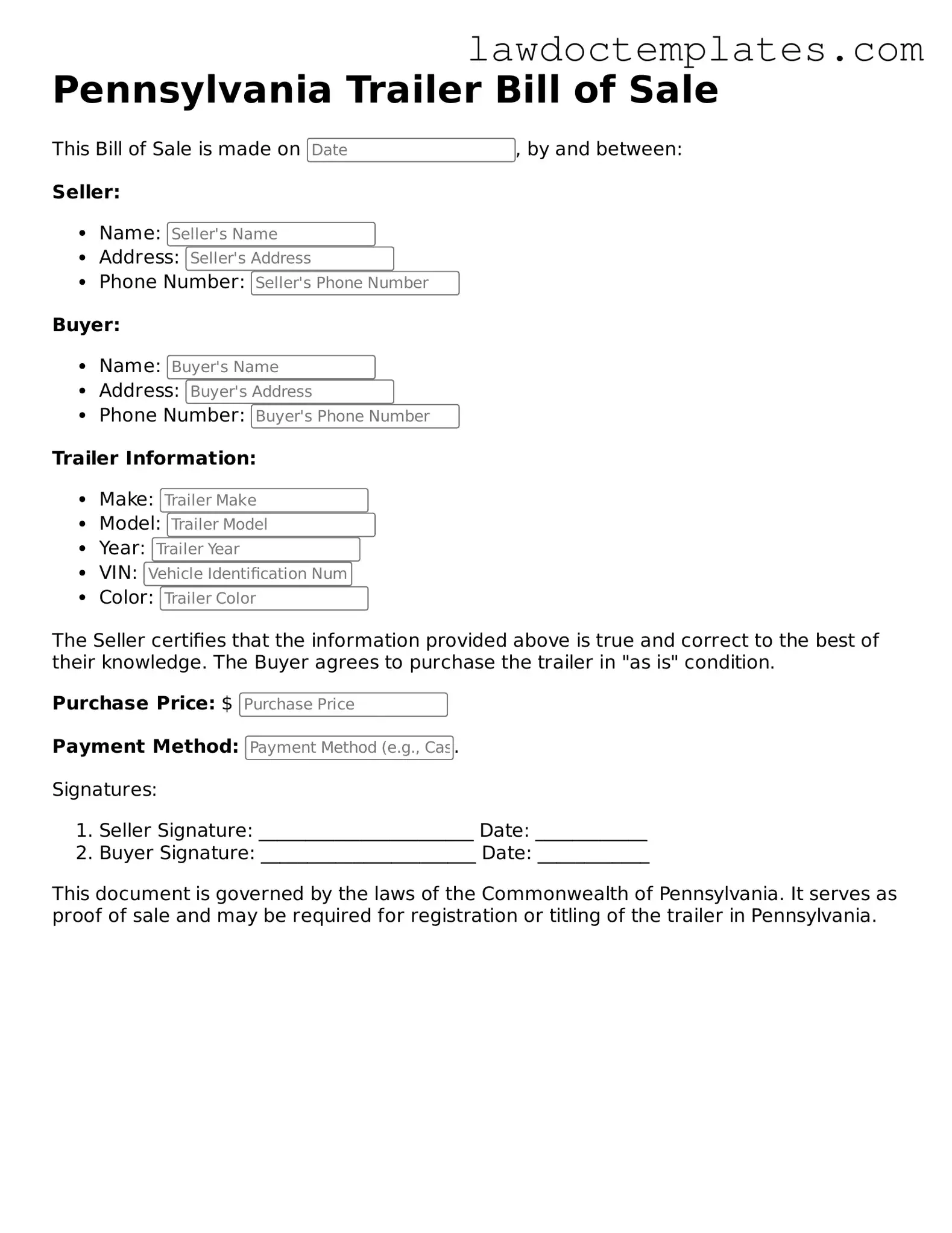 Trailer Bill of Sale Document for Pennsylvania State