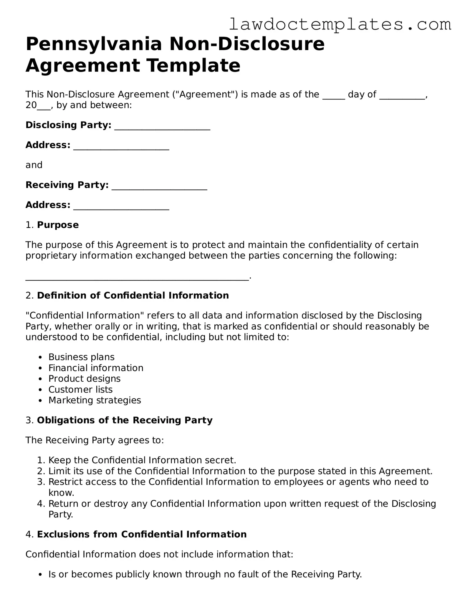 Non-disclosure Agreement Document for Pennsylvania State
