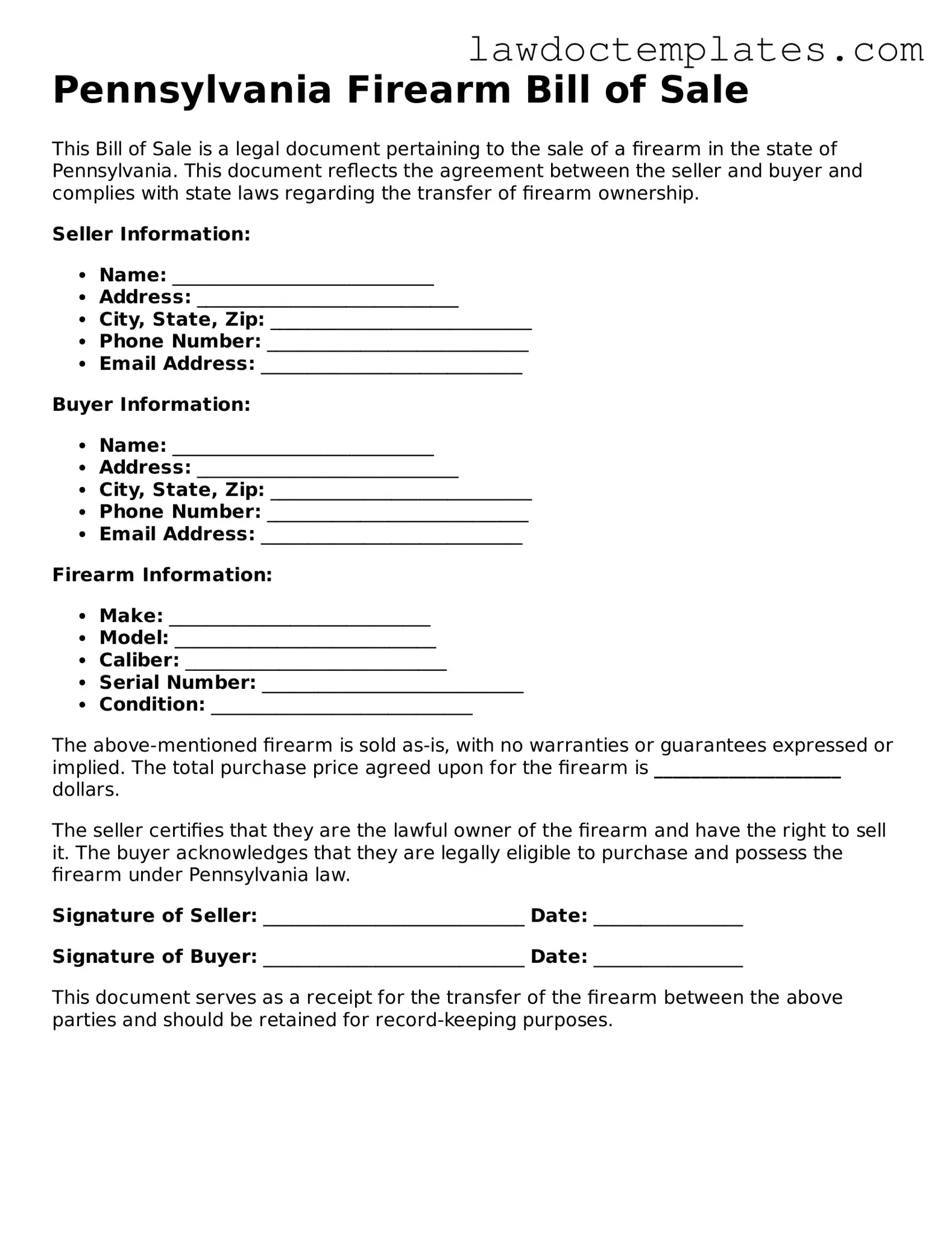 Firearm Bill of Sale Document for Pennsylvania State