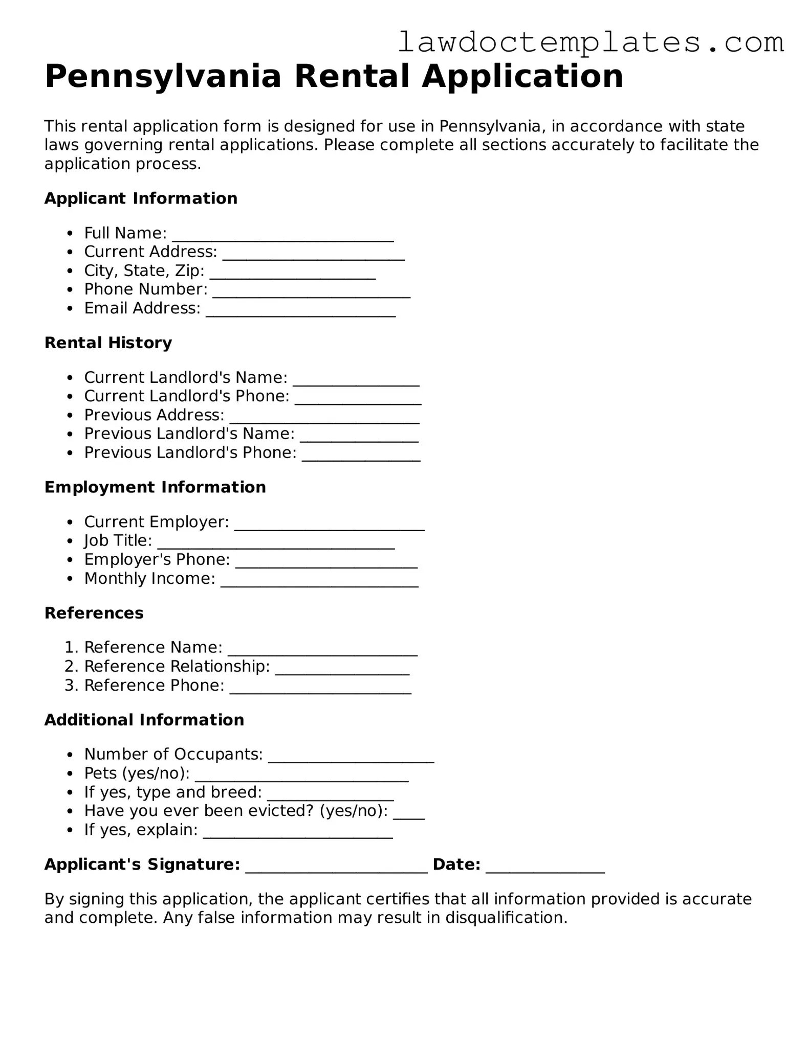 Rental Application Document for Pennsylvania State