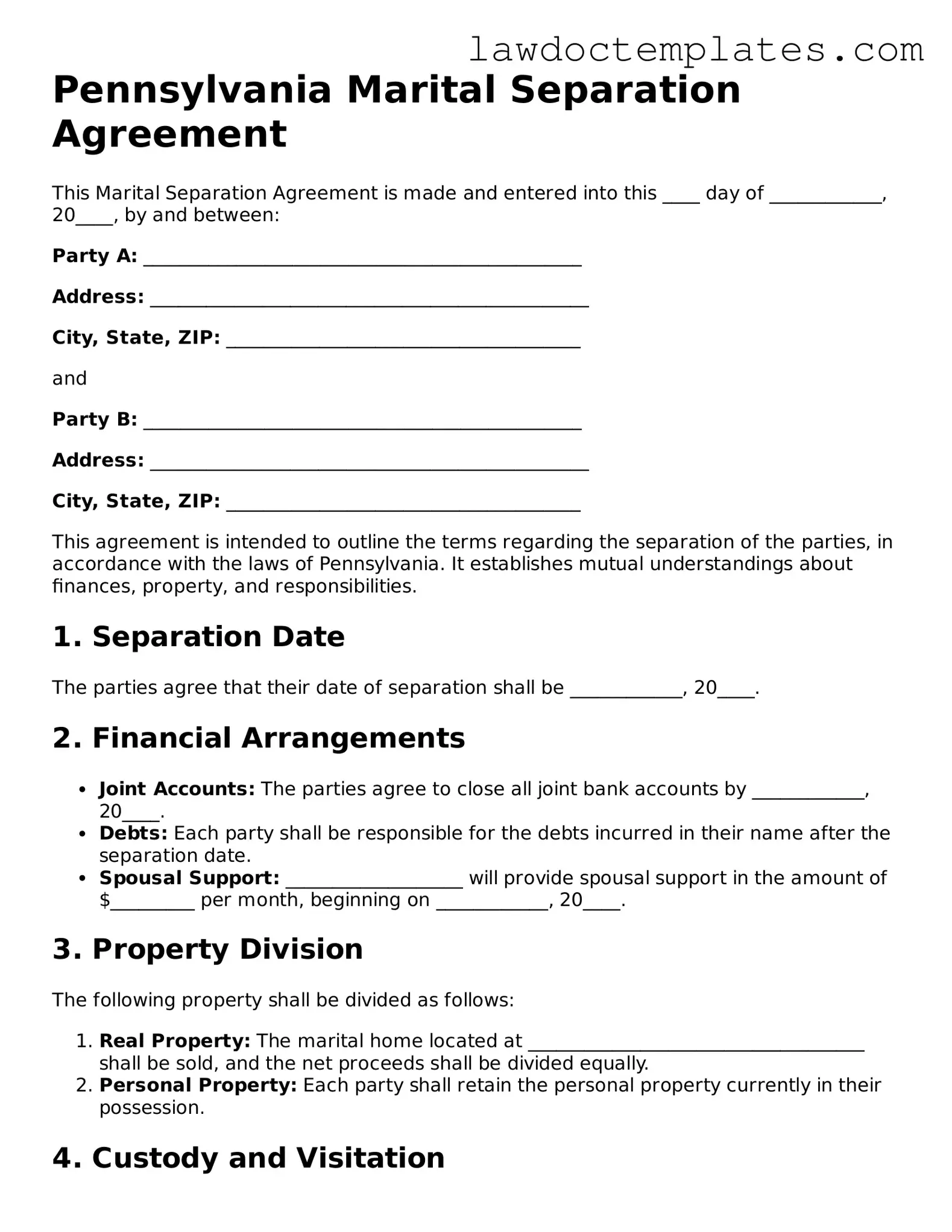 Marital Separation Agreement Document for Pennsylvania State