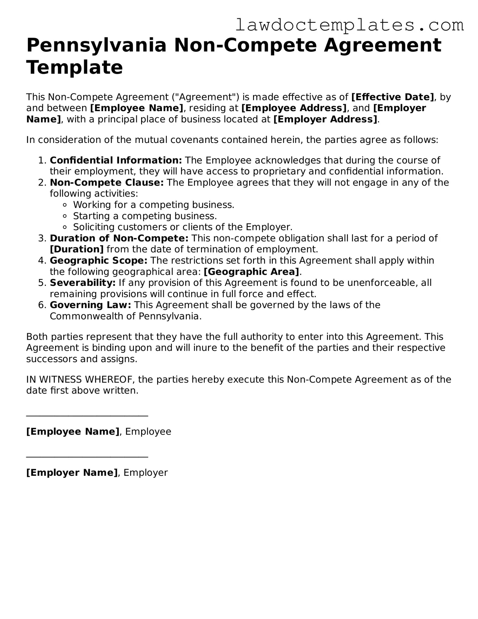 Non-compete Agreement Document for Pennsylvania State