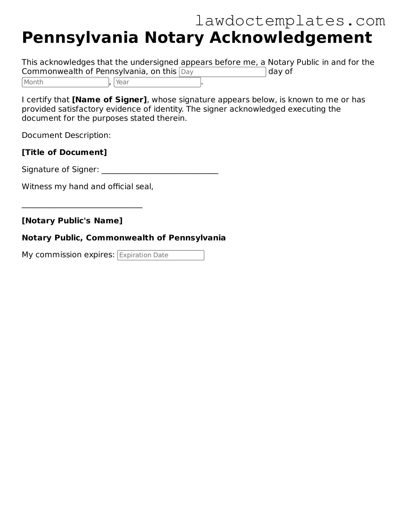 Notary Acknowledgement Document for Pennsylvania State
