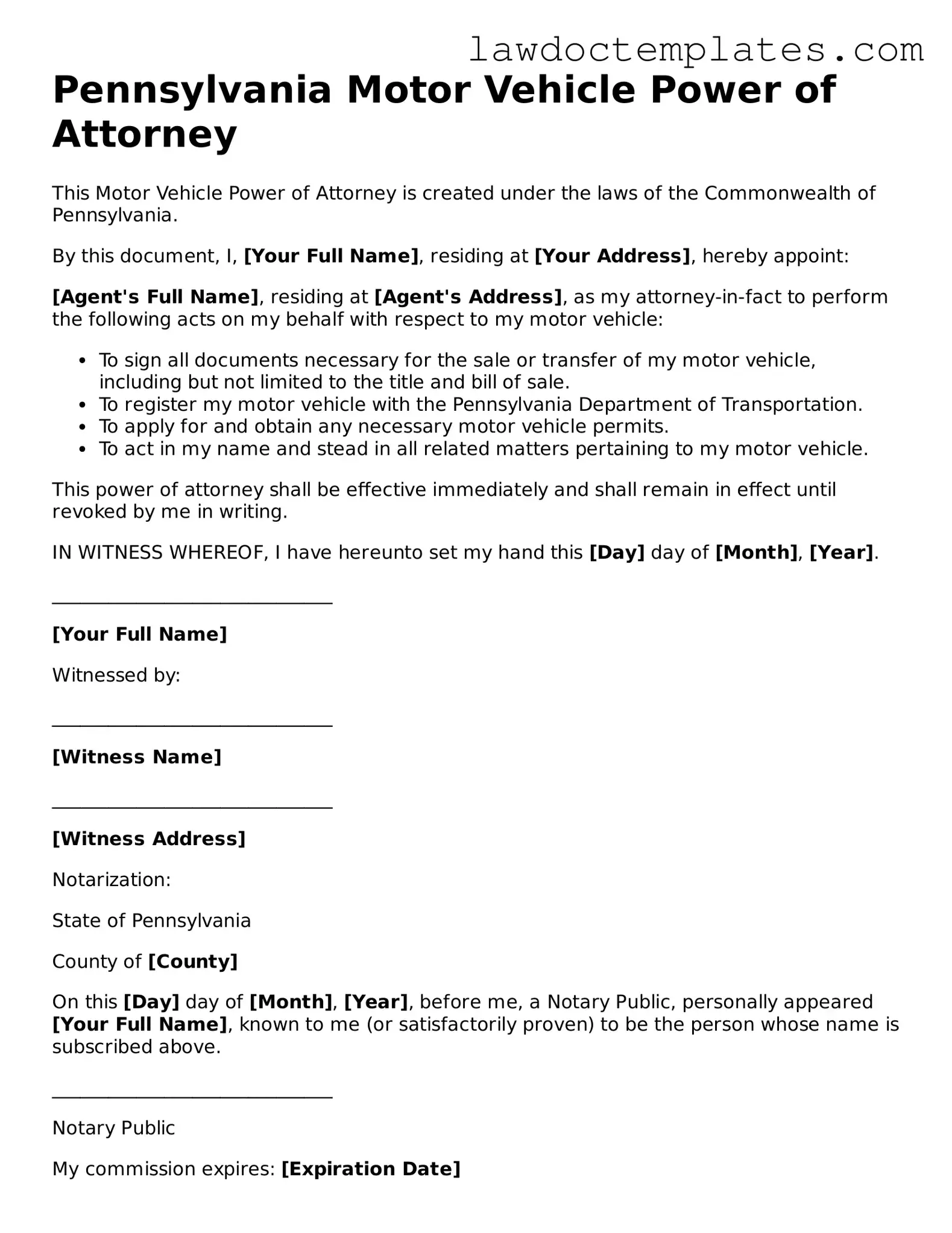 Motor Vehicle Power of Attorney Document for Pennsylvania State