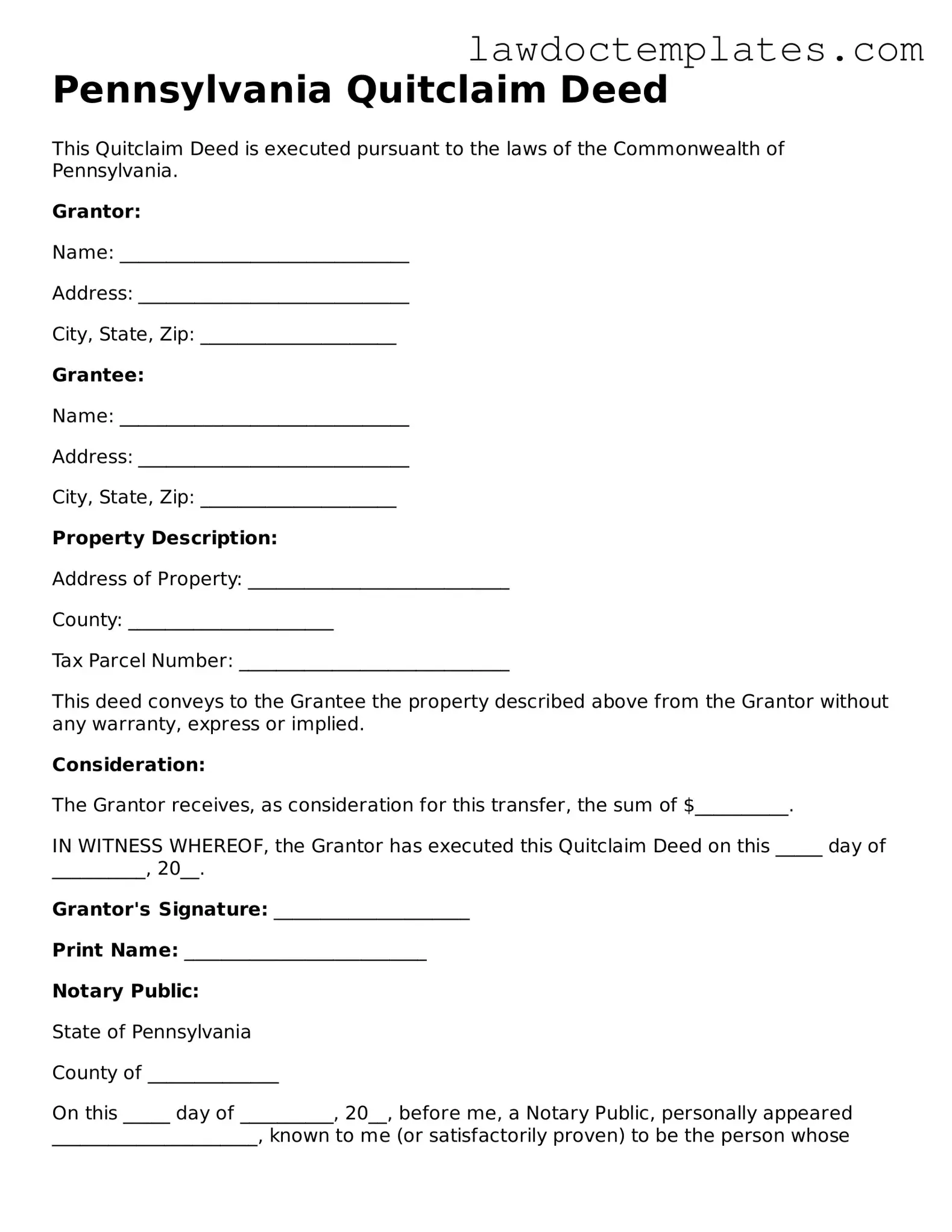 Quitclaim Deed Document for Pennsylvania State