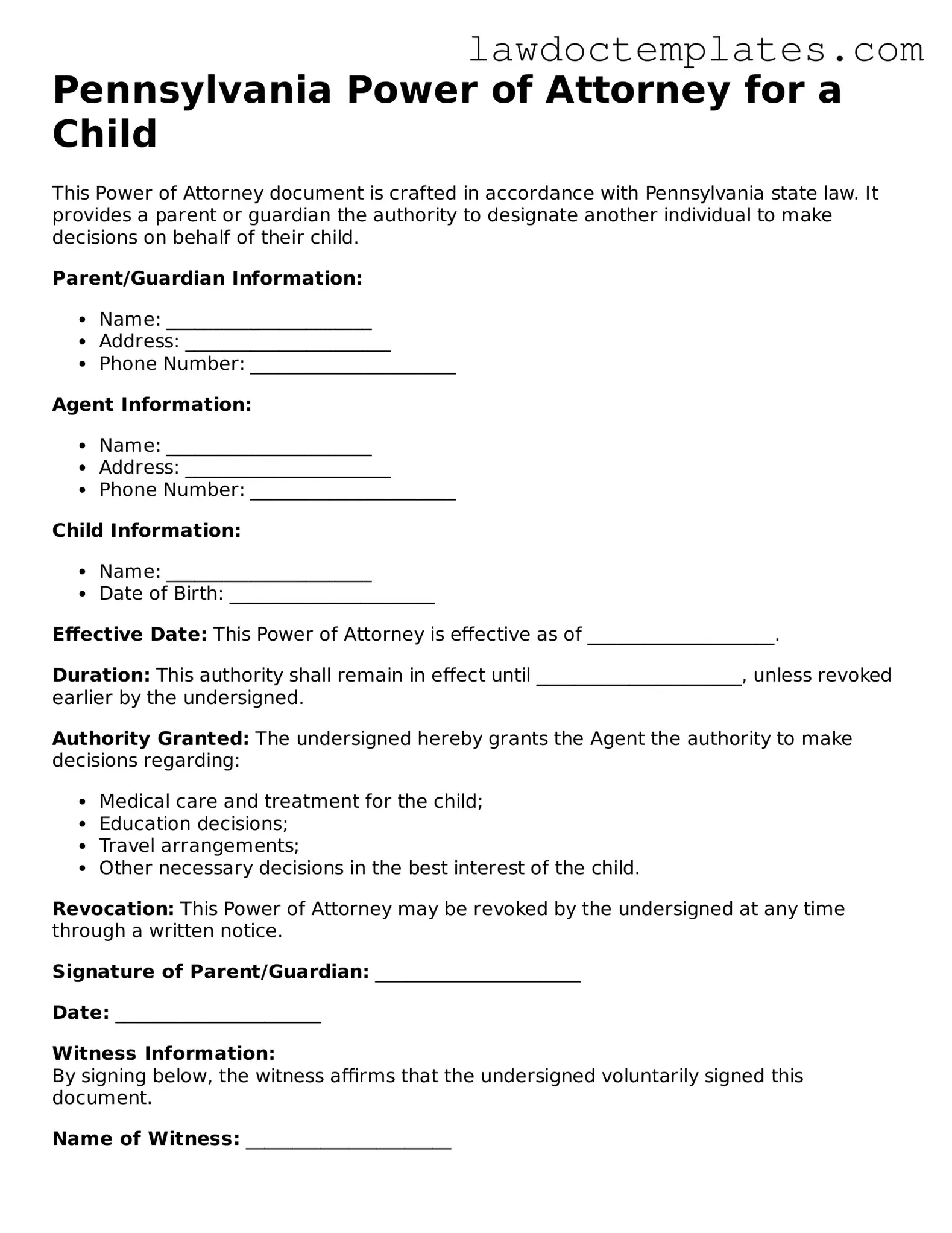 Power of Attorney for a Child Document for Pennsylvania State