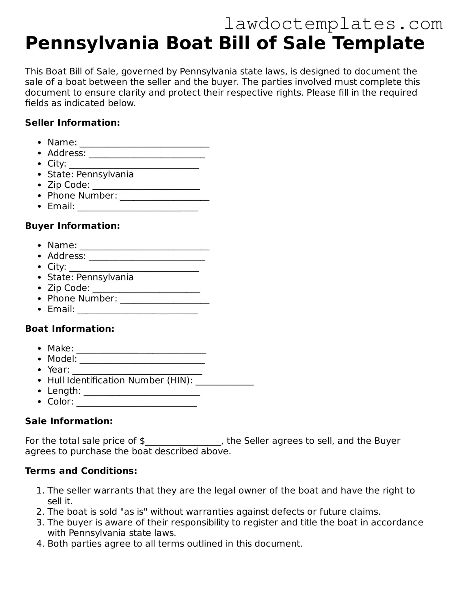 Boat Bill of Sale Document for Pennsylvania State