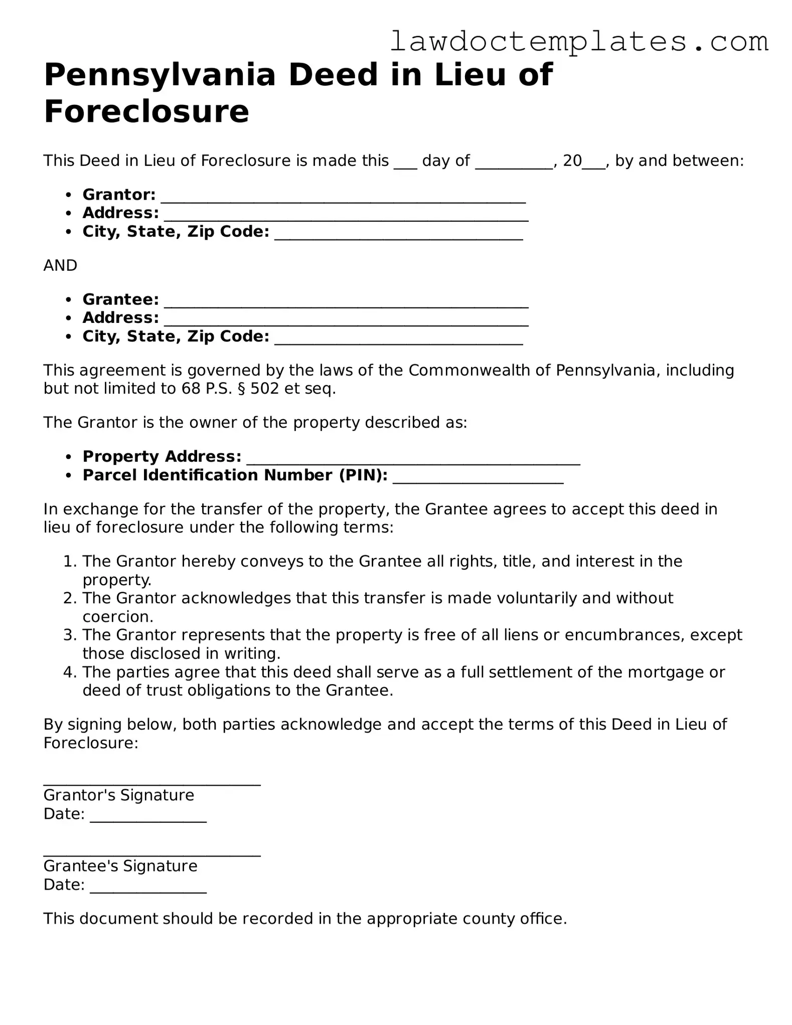 Deed in Lieu of Foreclosure Document for Pennsylvania State