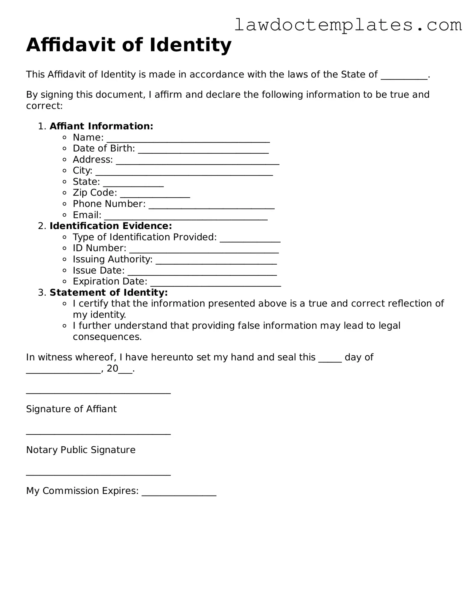 Blank Affidavit of Identity Document