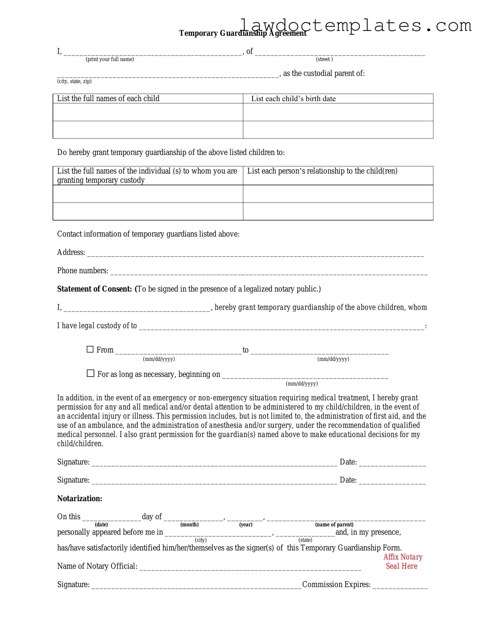 Fill Your Temporary Custody Form