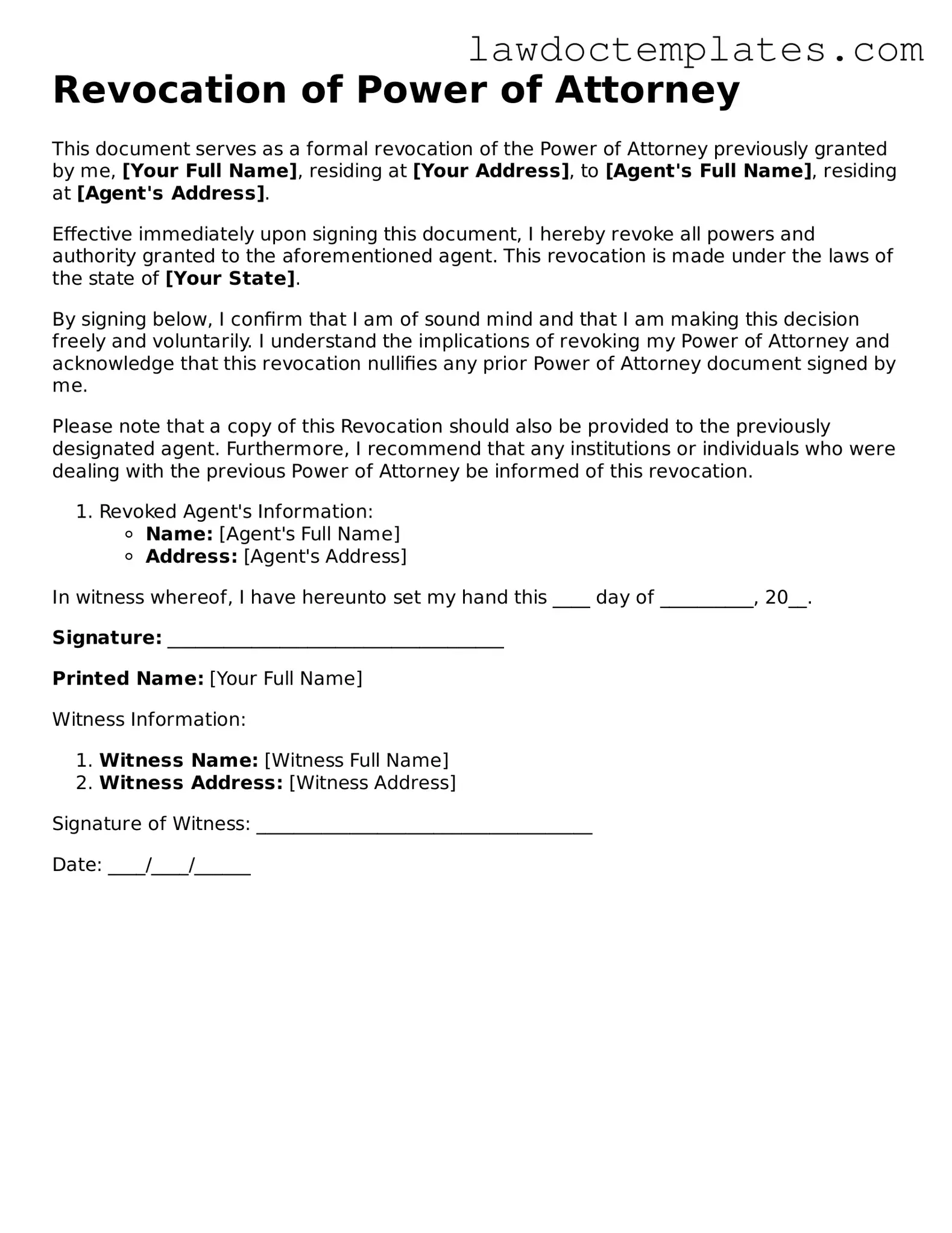 Blank Revocation of Power of Attorney Document