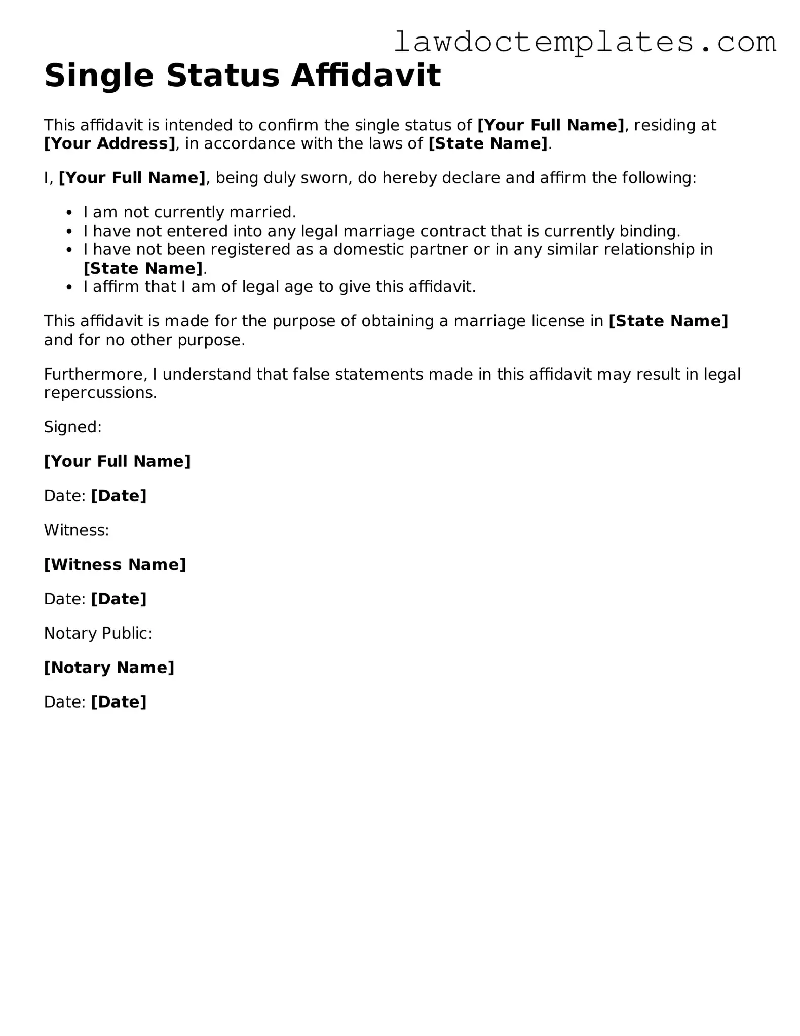 Blank Single Status Affidavit Document