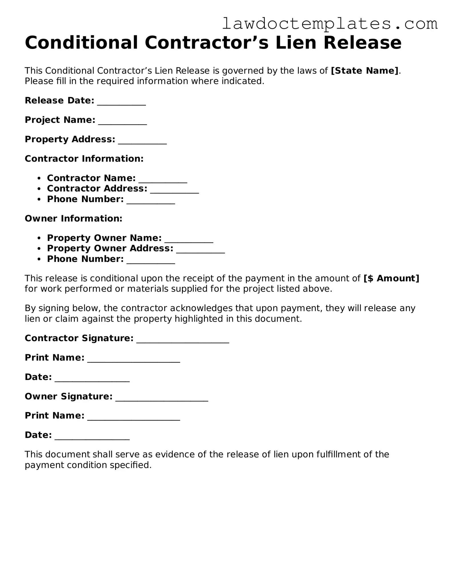 Blank Conditional Contractor’s Lien Release Document