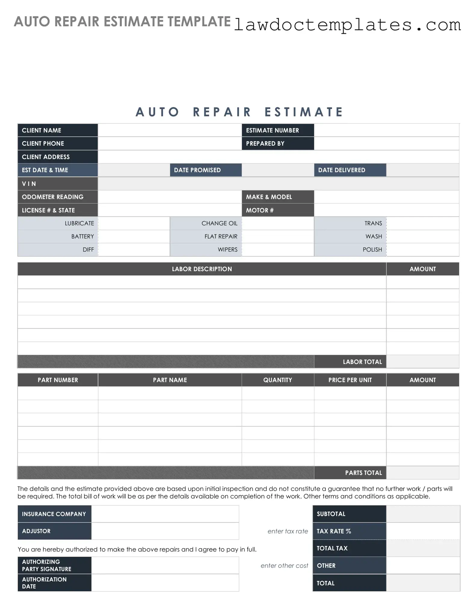 Fill Your Auto Repair Estimate Form