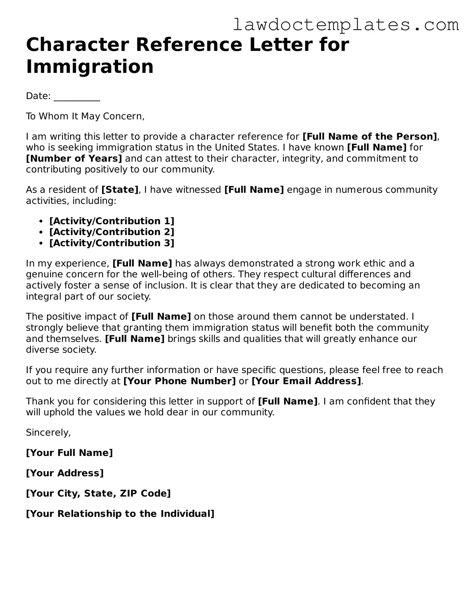 Blank Character Reference Letter for Immigration Document